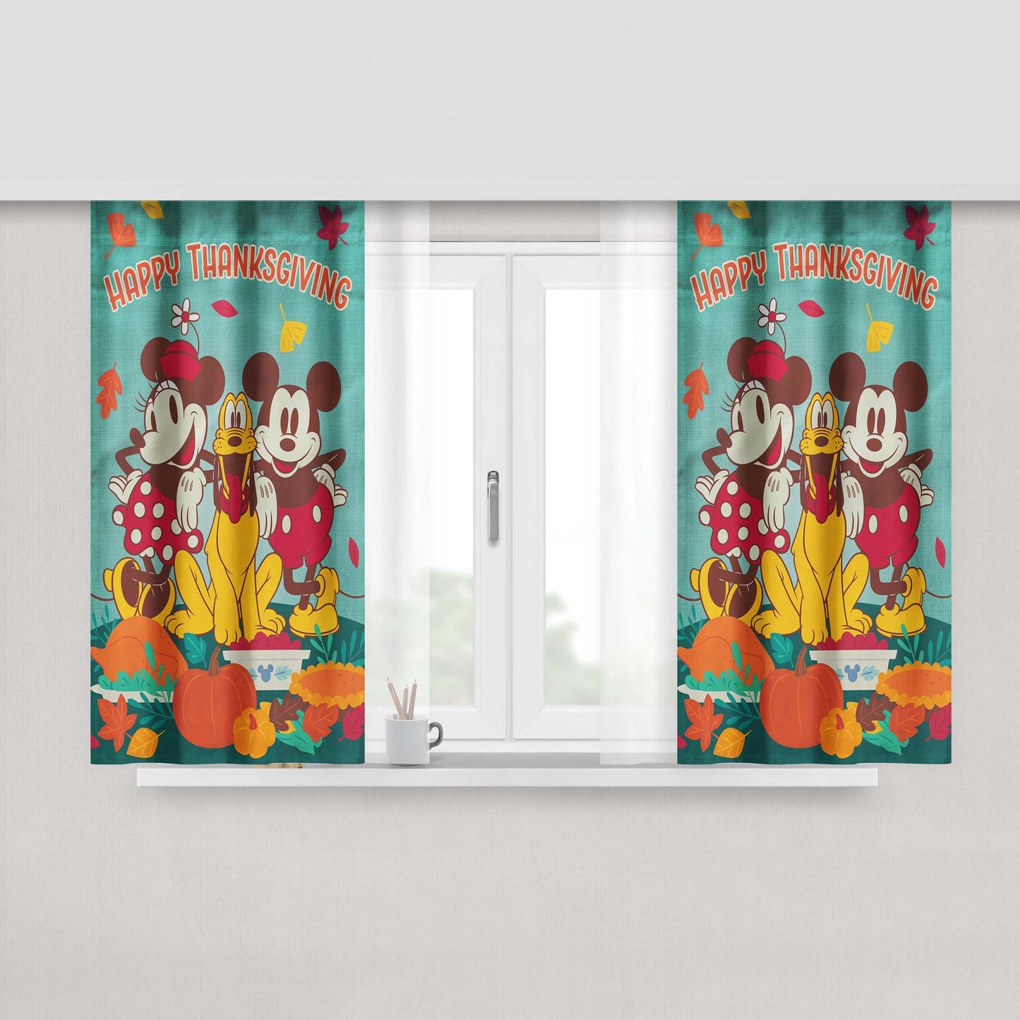 Thanksgiving Feast Mickey Mouse And Minnie Mouse Peach Skin Window Curtains
