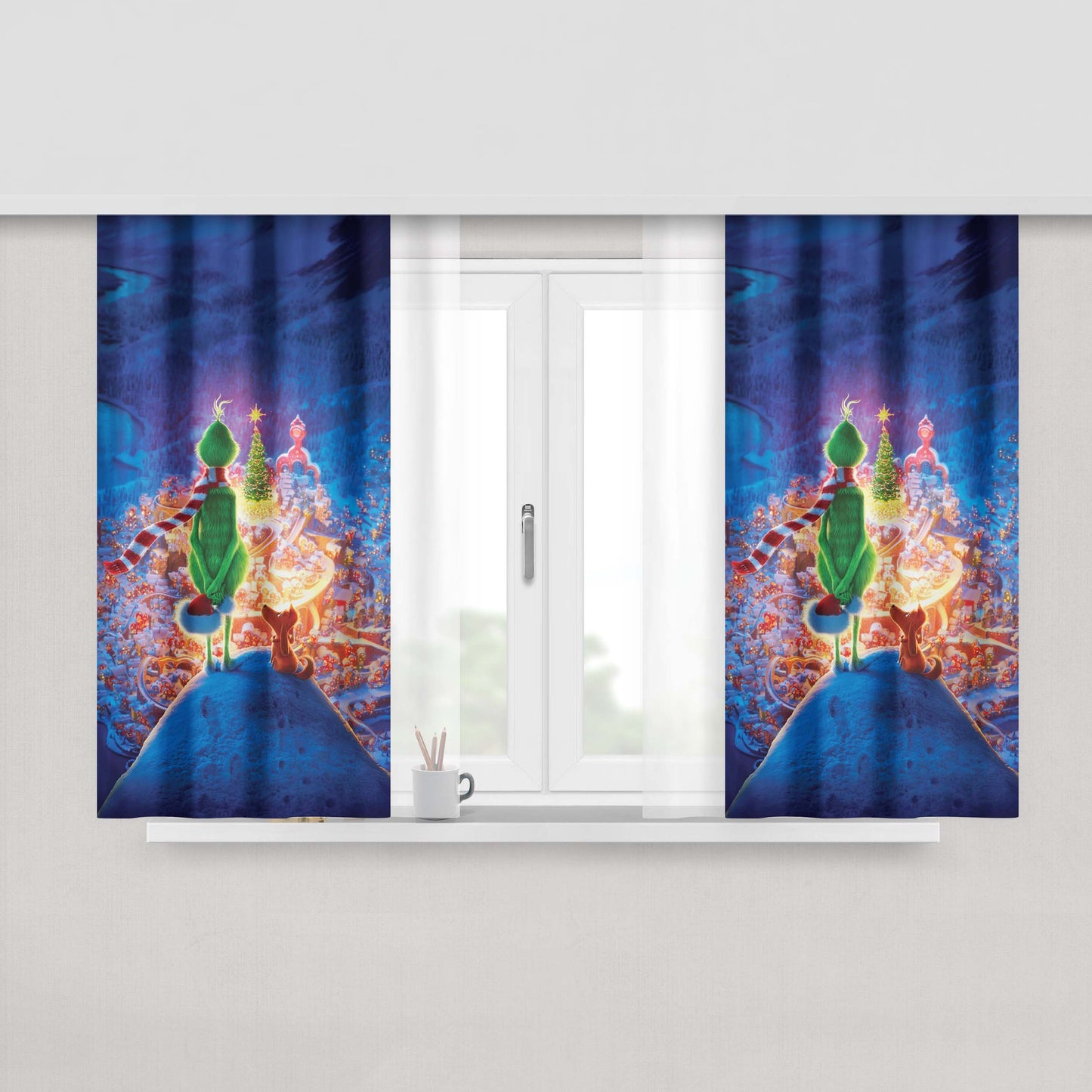 The Grinch Looking Down On Whoville Peach Skin Window Curtains