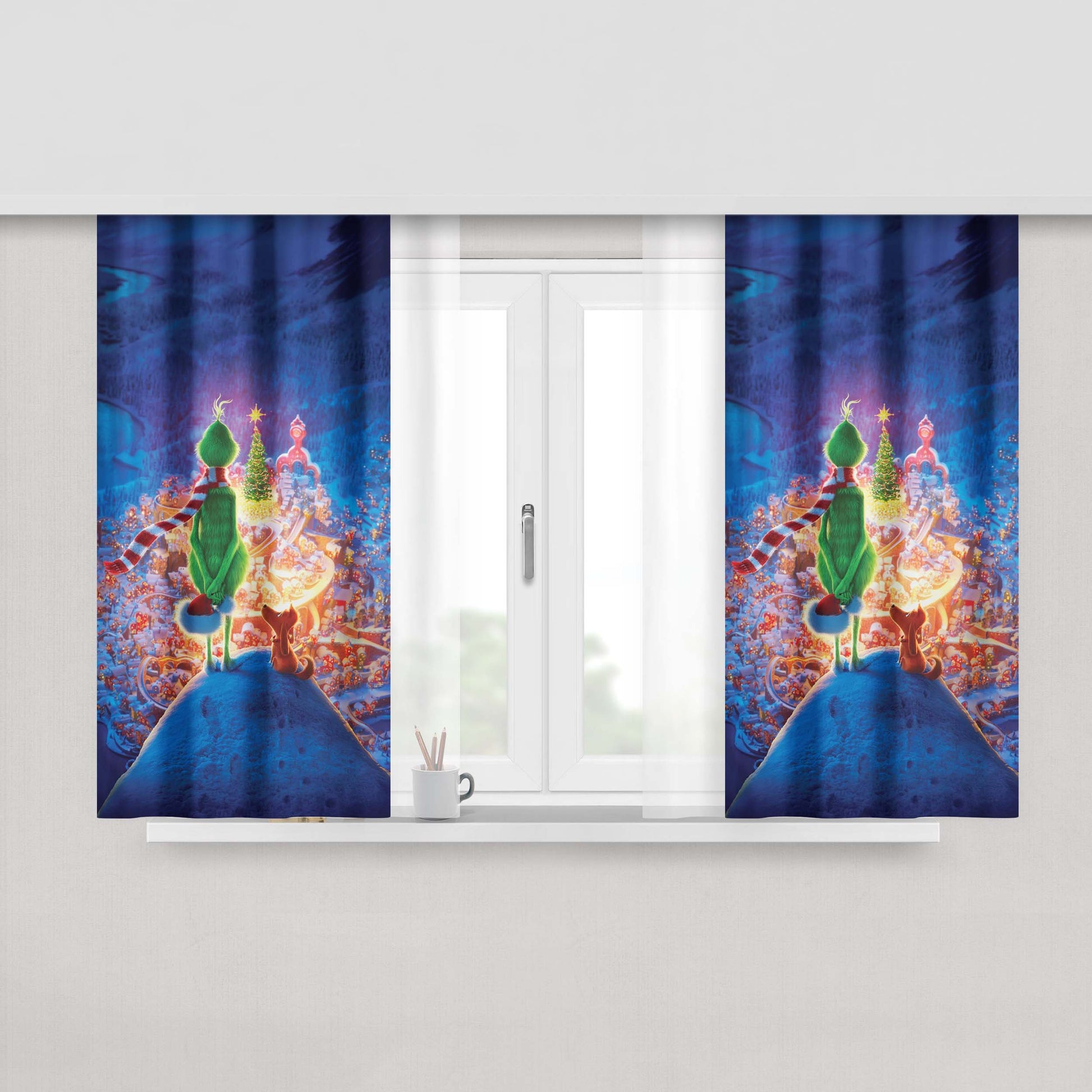 The Grinch Looking Down On Whoville Peach Skin Window Curtains