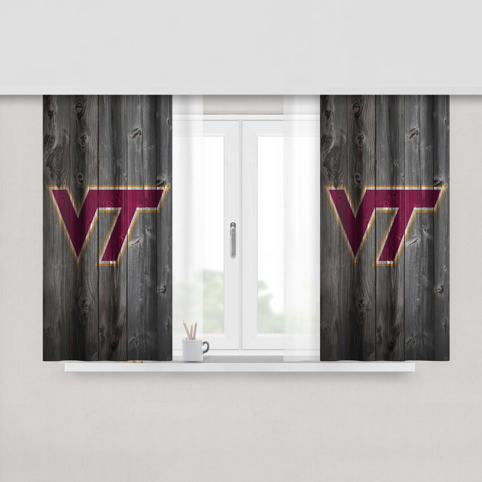 Virginia Tech University Logo Dark Wood Wallpaper Peach Skin Window Curtains