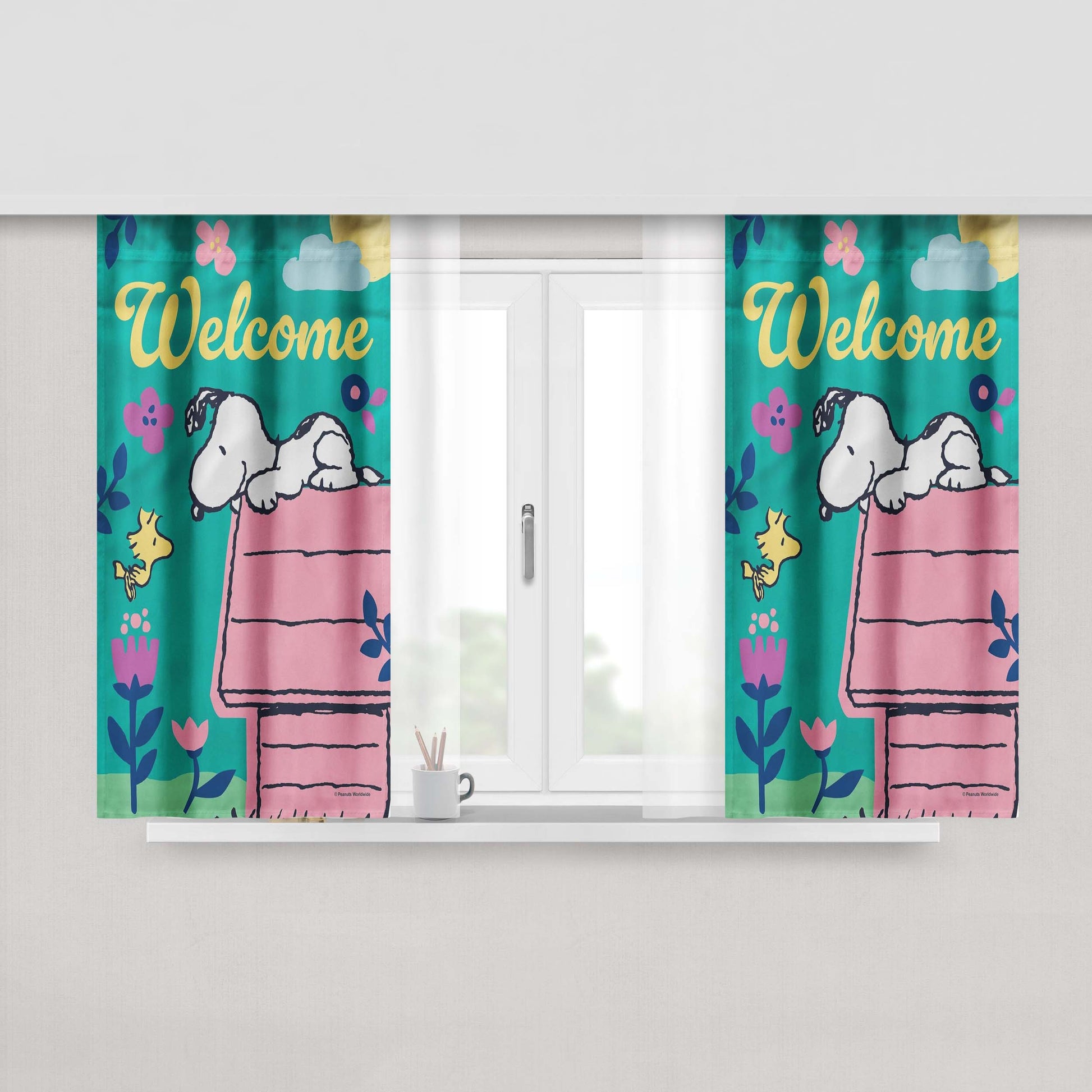 Welcome Spring Snoopy Peach Skin Window Curtains