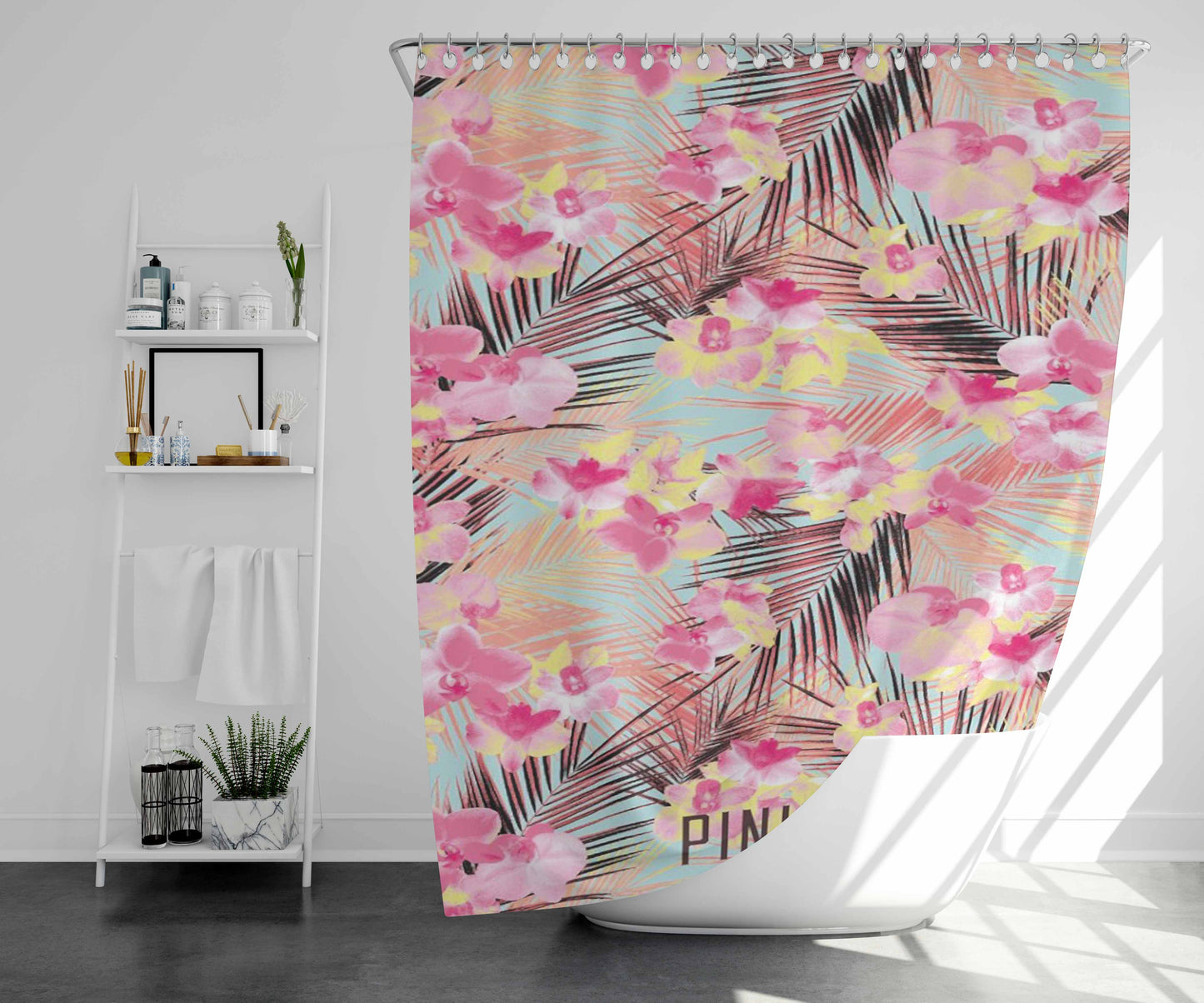 Pink Flower Wallpaper Bathroom Shower Curtain Fabric Waterproof | 66 X 72 Inch
