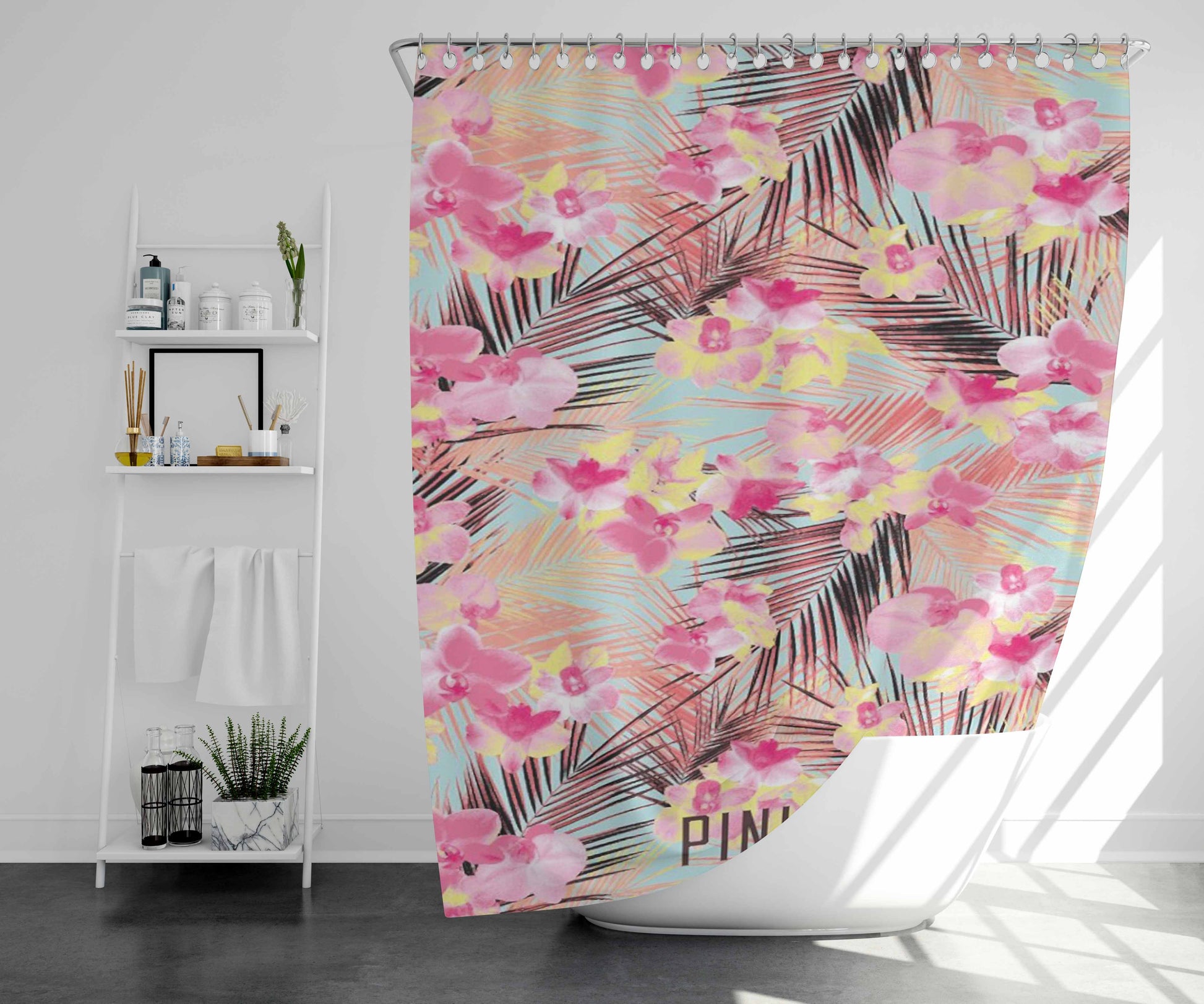 Pink Flower Wallpaper Bathroom Shower Curtain Fabric Waterproof | 66 X 72 Inch