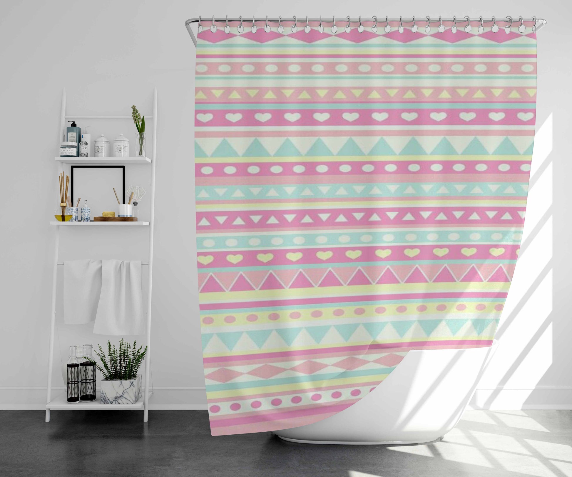 Pink Love Streach Pattern Bathroom Shower Curtain Fabric Waterproof | 66 X 72 Inch
