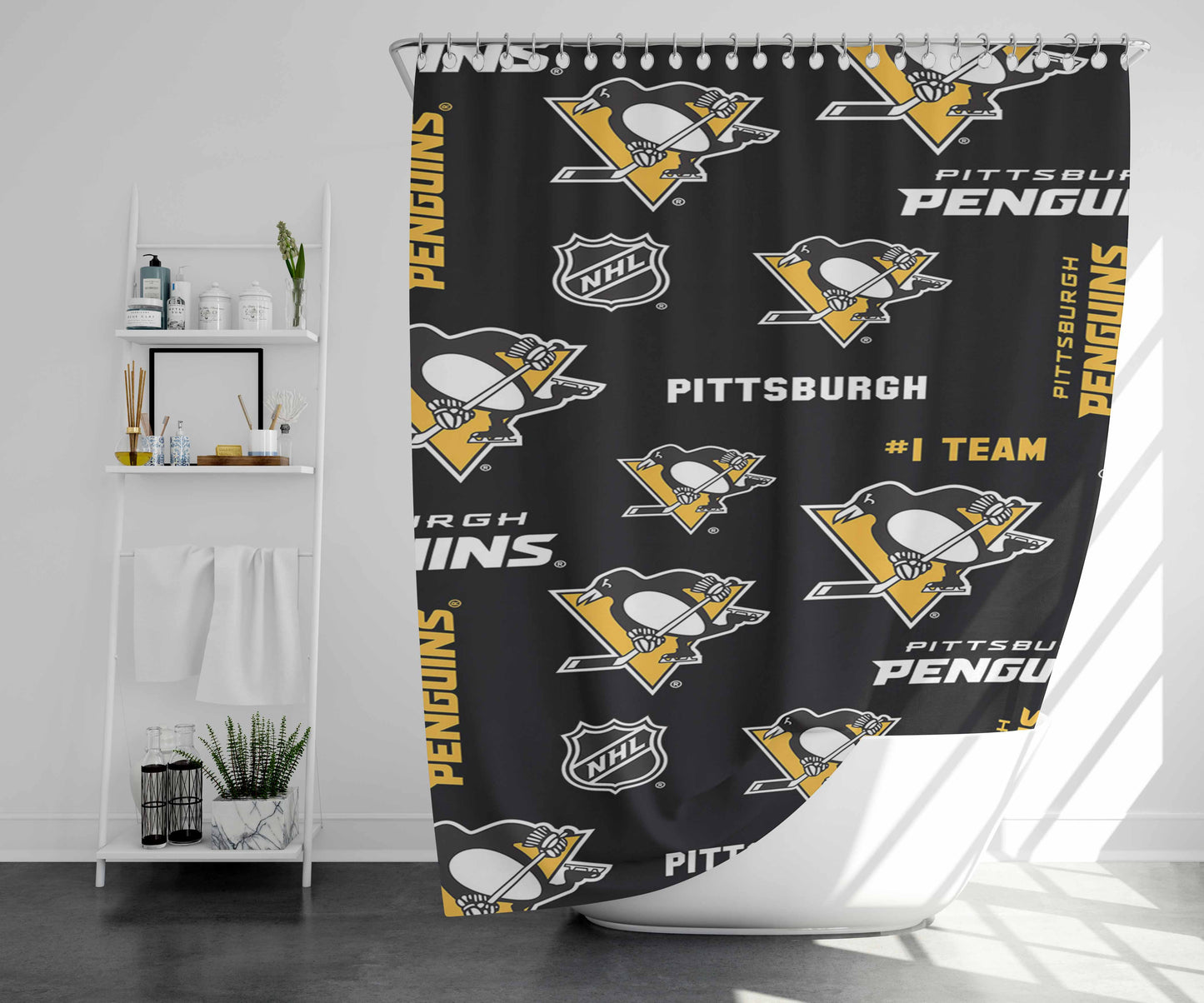 Pittsburgh Penguin Pattern Bathroom Shower Curtain Fabric Waterproof | 66 X 72 Inch