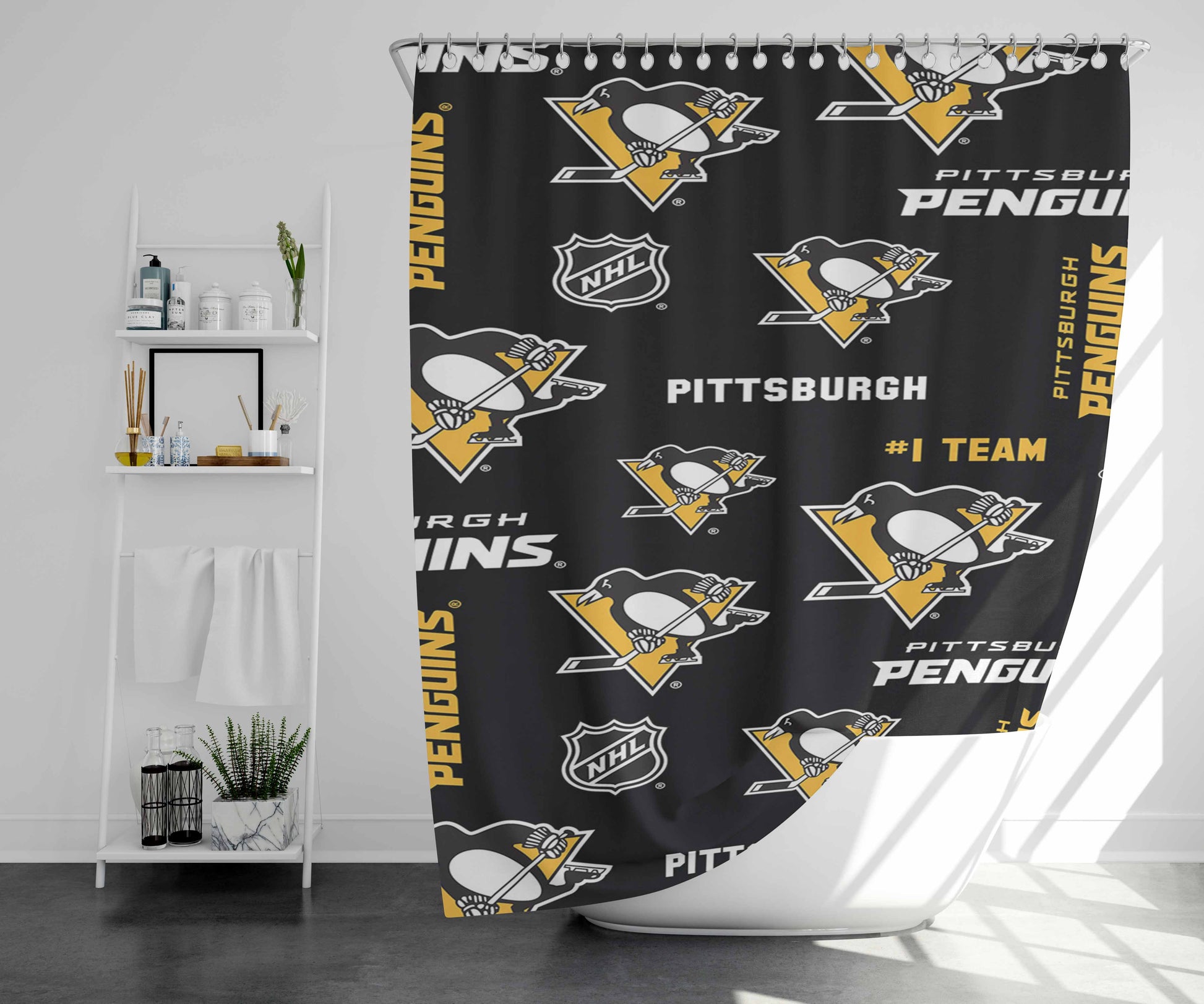 Pittsburgh Penguin Pattern Bathroom Shower Curtain Fabric Waterproof | 66 X 72 Inch