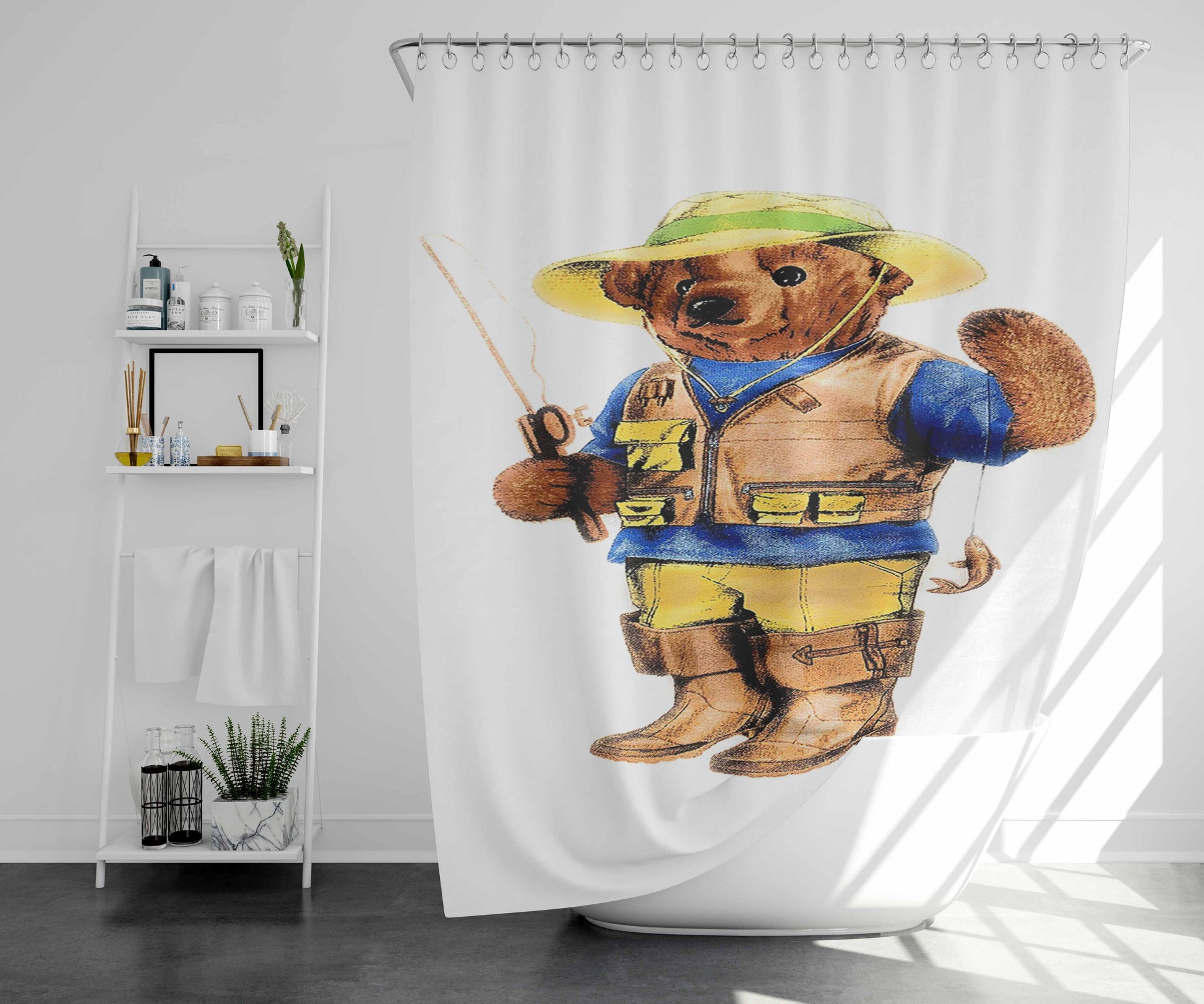 Polo Bear Fishing Bathroom Shower Curtain Fabric Waterproof | 66 X 72 Inch