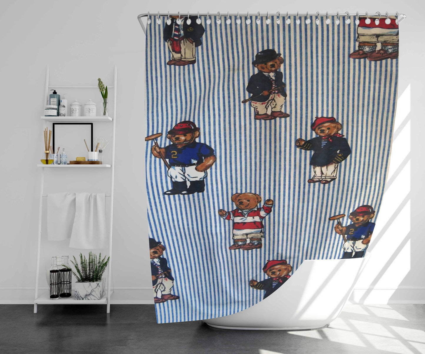 Polo Bear Linen Blue White Collection Bathroom Shower Curtain Fabric Waterproof | 66 X 72 Inch