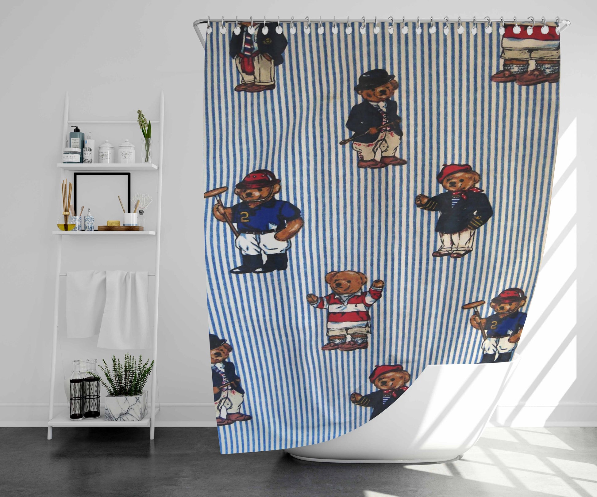 Polo Bear Linen Blue White Collection Bathroom Shower Curtain Fabric Waterproof | 66 X 72 Inch