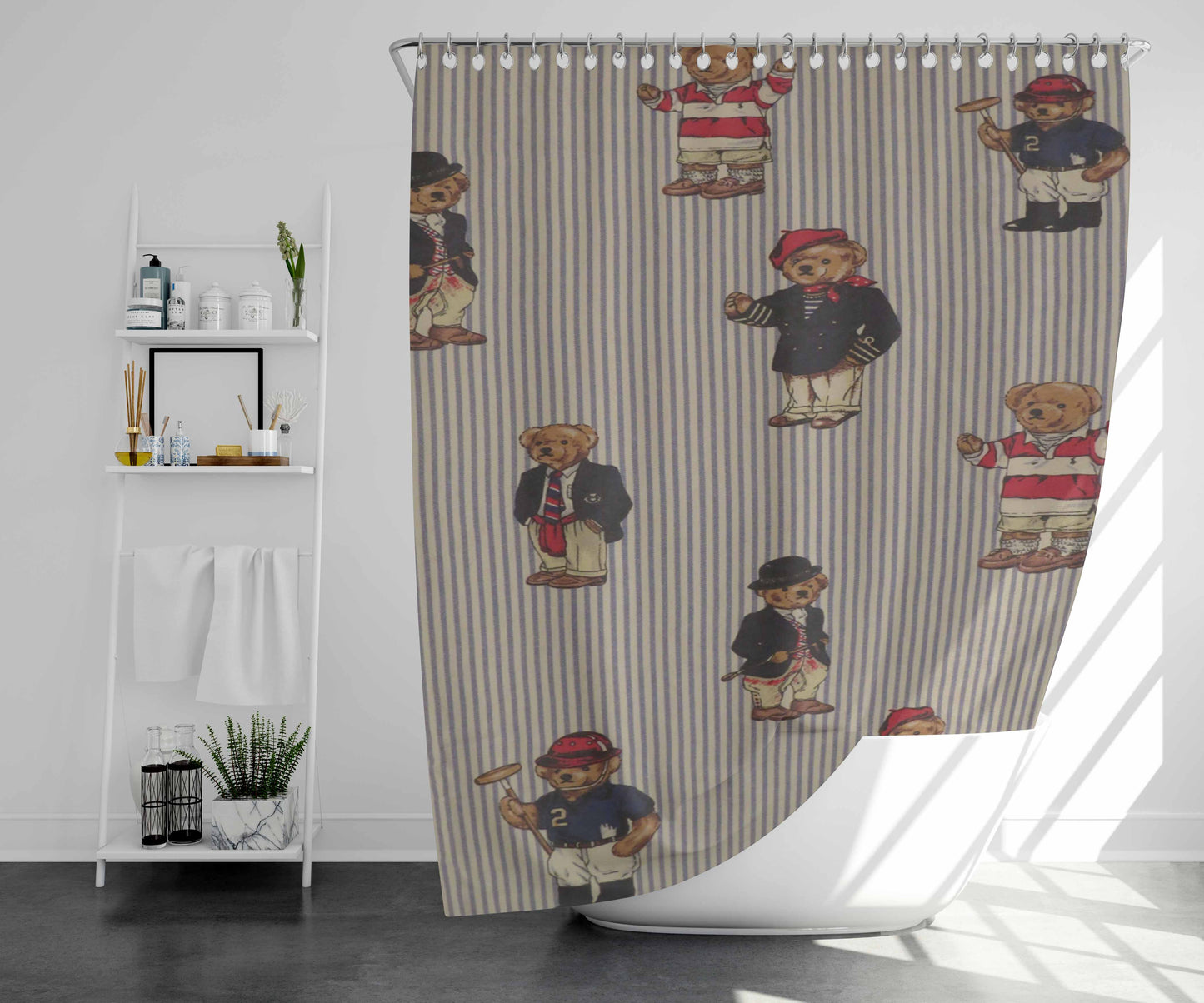 Polo Bear Pattern Suit Bathroom Shower Curtain Fabric Waterproof | 66 X 72 Inch
