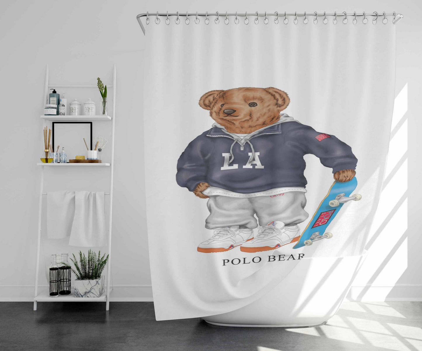 Polo Bear Skateboarding Bathroom Shower Curtain Fabric Waterproof | 66 X 72 Inch
