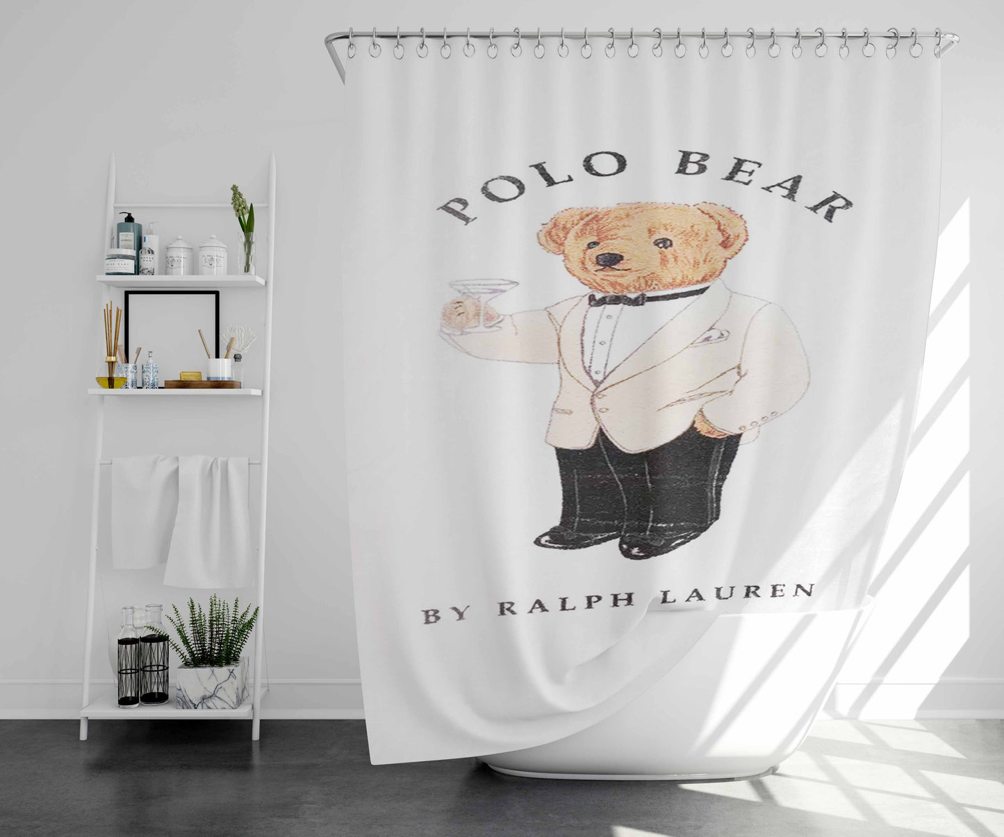 Polo Bear White Suit Tuxedo Bathroom Shower Curtain Fabric Waterproof | 66 X 72 Inch