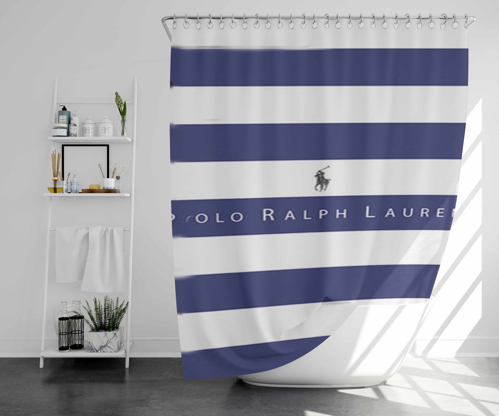 Polo Ralph Lauren Blue White Stripes Bathroom Shower Curtain Fabric Waterproof | 66 X 72 Inch