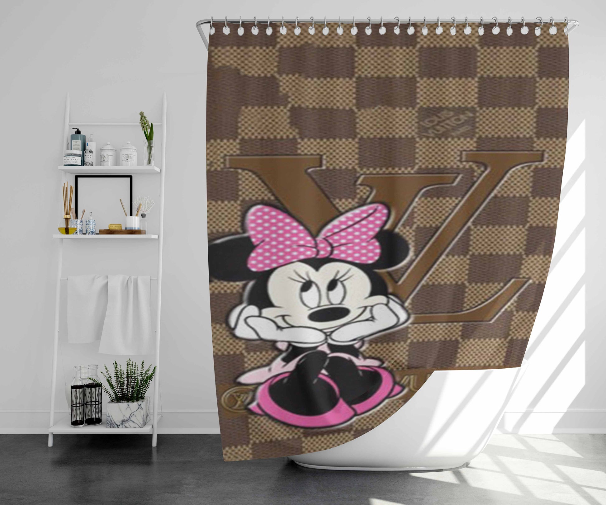 Pretty Minnie Mouse Fashion Lv Bathroom Shower Curtain Fabric Waterproof | 66 X 72 Inch