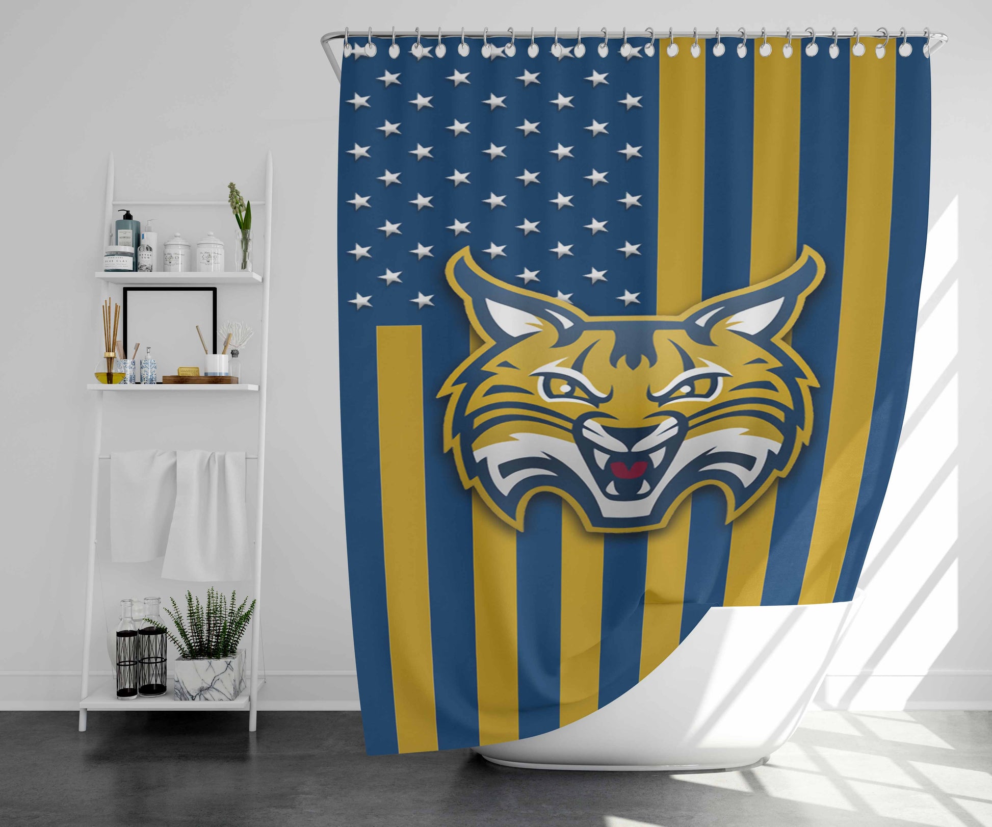 Quinnipiac Bobcats Logo Flag Bathroom Shower Curtain Fabric Waterproof | 66 X 72 Inch