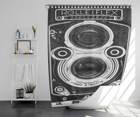 Rolleiflex Black Vintage Camera Wallpaper Bathroom Shower Curtain Fabric Waterproof | 66 X 72 Inch