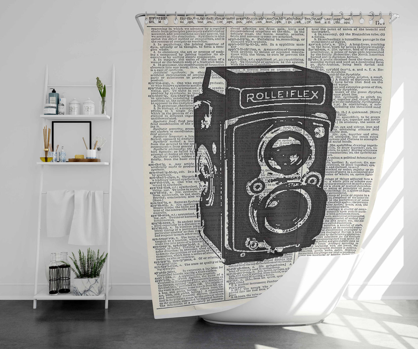 Rolleiflex Vintage Dictionary Wallpaper Bathroom Shower Curtain Fabric Waterproof | 66 X 72 Inch