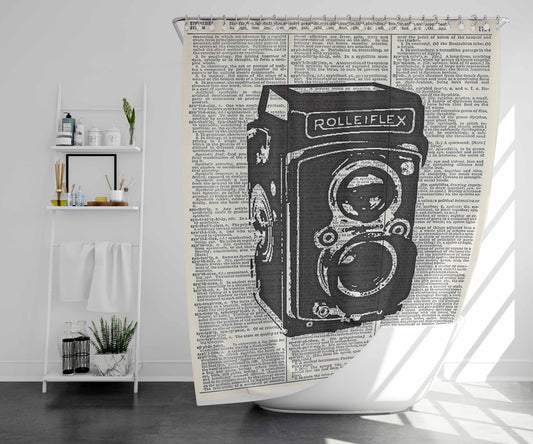 Rolleiflex Vintage Dictionary Wallpaper Bathroom Shower Curtain Fabric Waterproof | 66 X 72 Inch