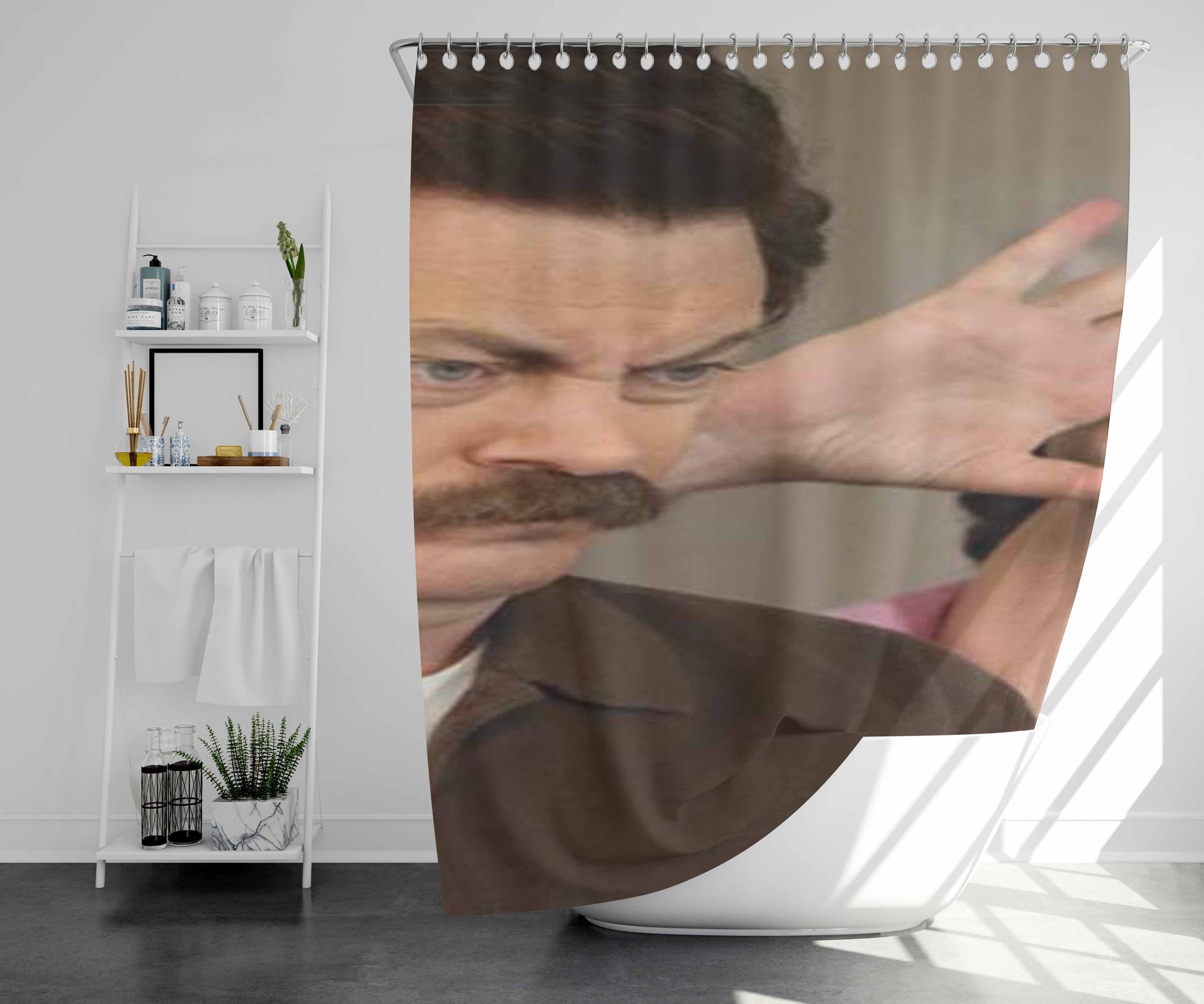 Ron Swanson Mean Look Bathroom Shower Curtain Fabric Waterproof | 66 X 72 Inch