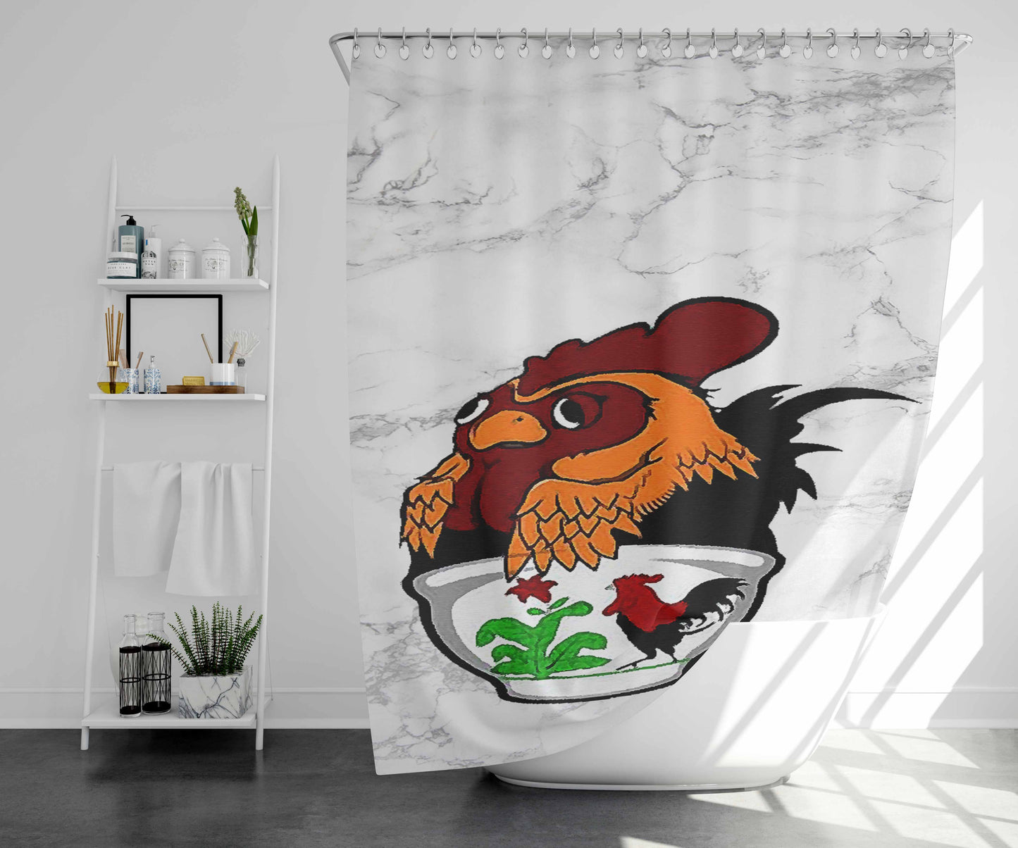 Rooster Bowl Design Marble Bathroom Shower Curtain Fabric Waterproof | 66 X 72 Inch