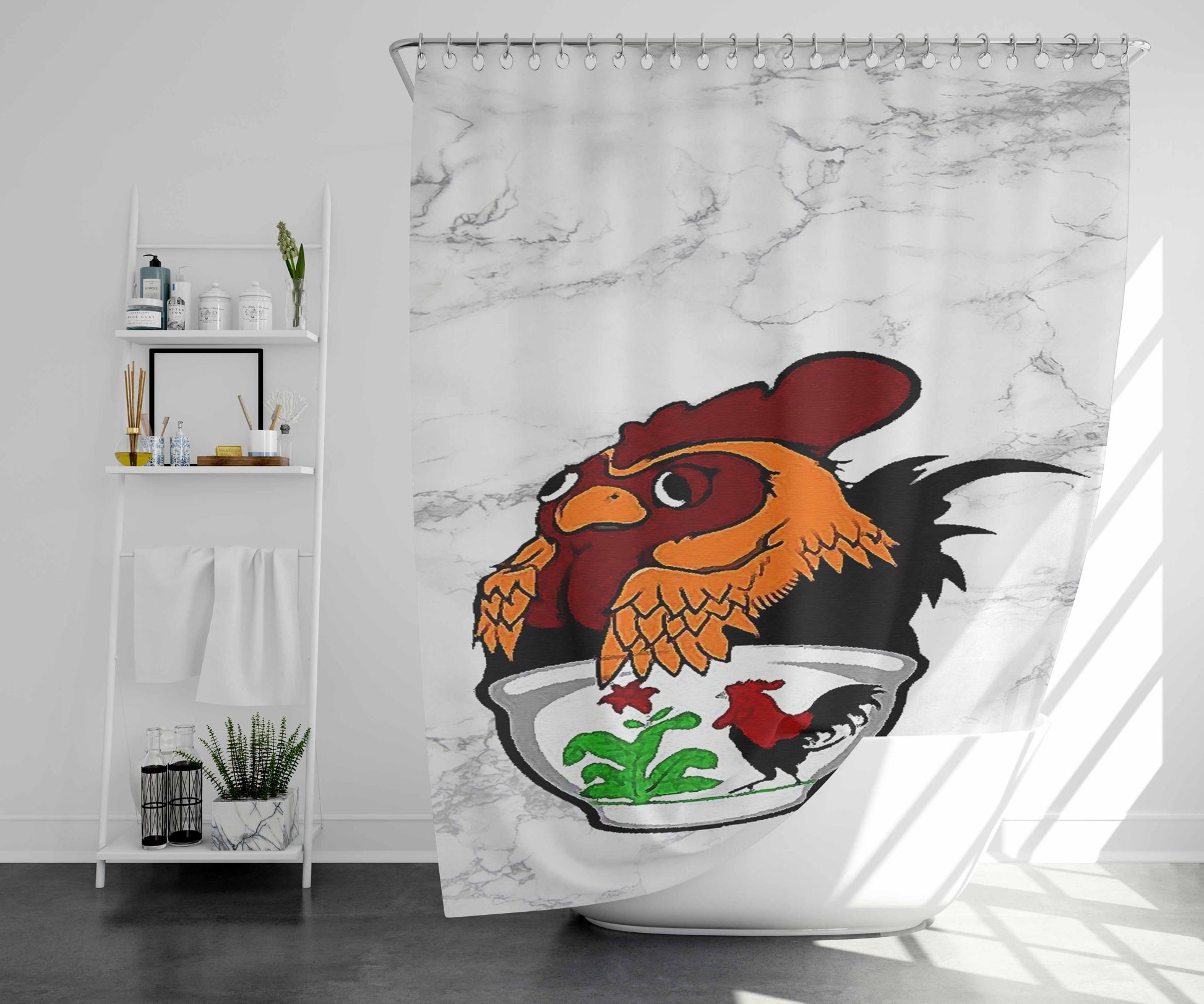 Rooster Bowl Design Marble Bathroom Shower Curtain Fabric Waterproof | 66 X 72 Inch