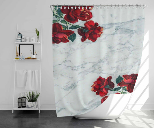 Rose And Marble Bathroom Shower Curtain Fabric Waterproof | 66 X 72 Inch