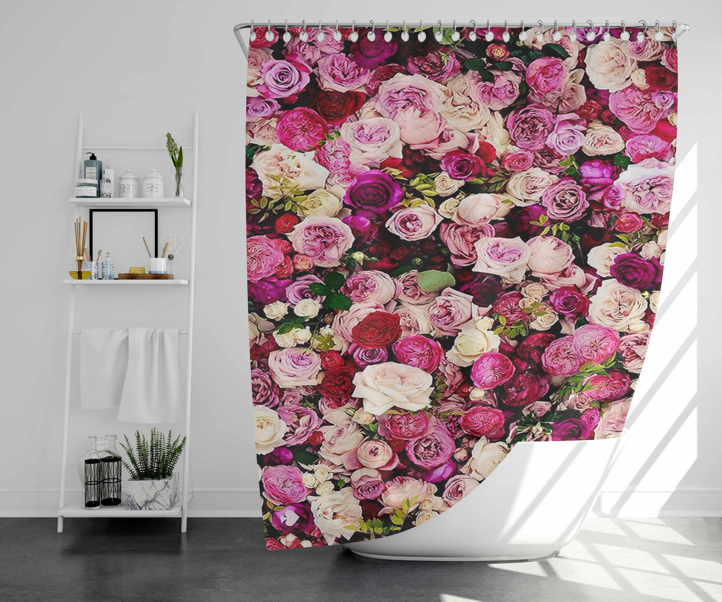 Rose Flower Pattern Bathroom Shower Curtain Fabric Waterproof | 66 X 72 Inch