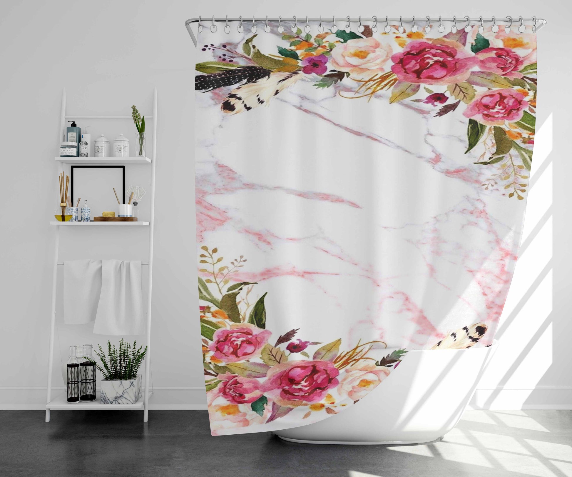 Rose Marble Pink Grey Bathroom Shower Curtain Fabric Waterproof | 66 X 72 Inch