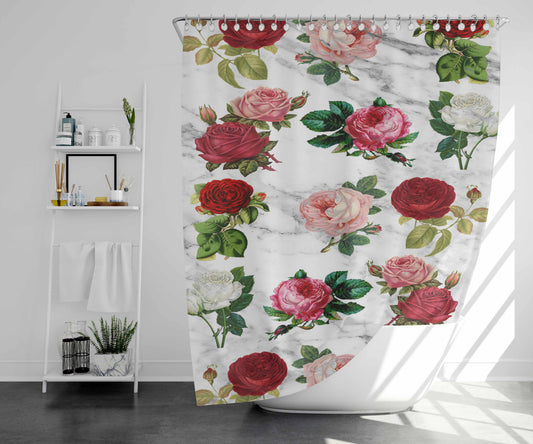 Roses Marble Bathroom Shower Curtain Fabric Waterproof | 66 X 72 Inch