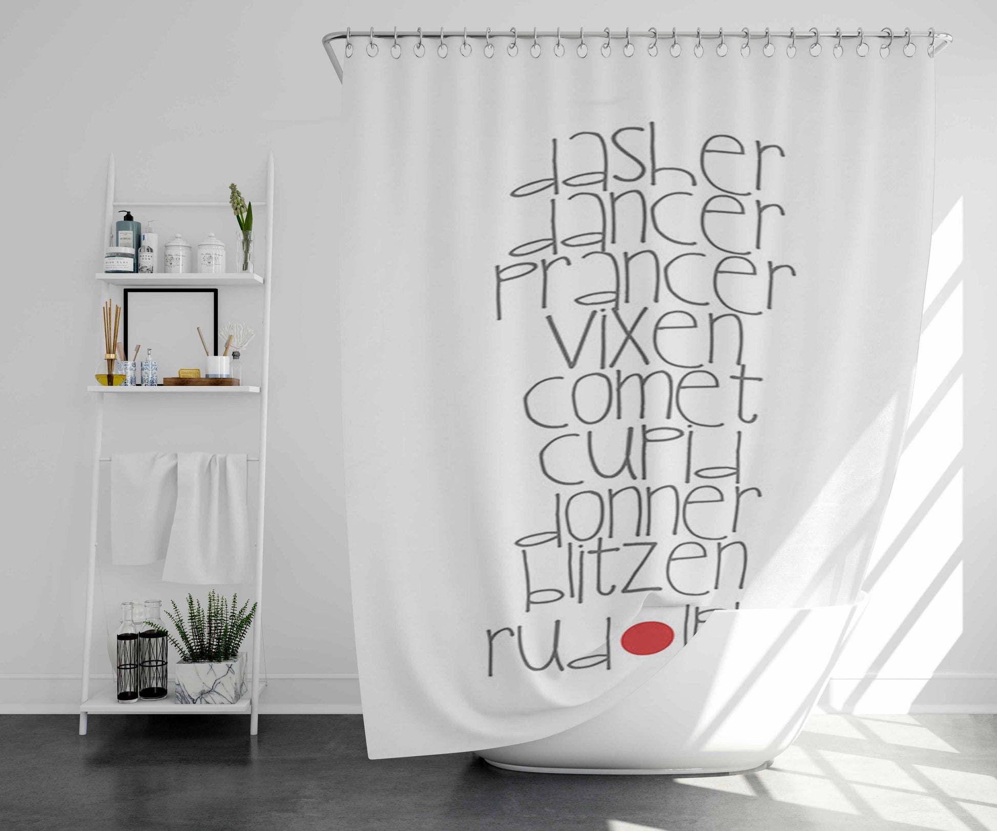 Santa Deers Rudolph Bathroom Shower Curtain Fabric Waterproof | 66 X 72 Inch