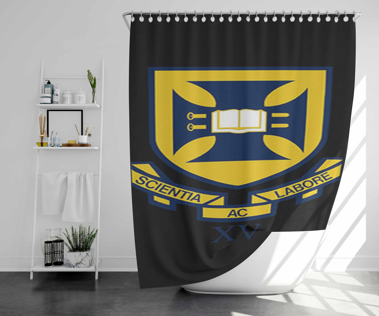 Scientia Labore Black Bathroom Shower Curtain Fabric Waterproof | 66 X 72 Inch