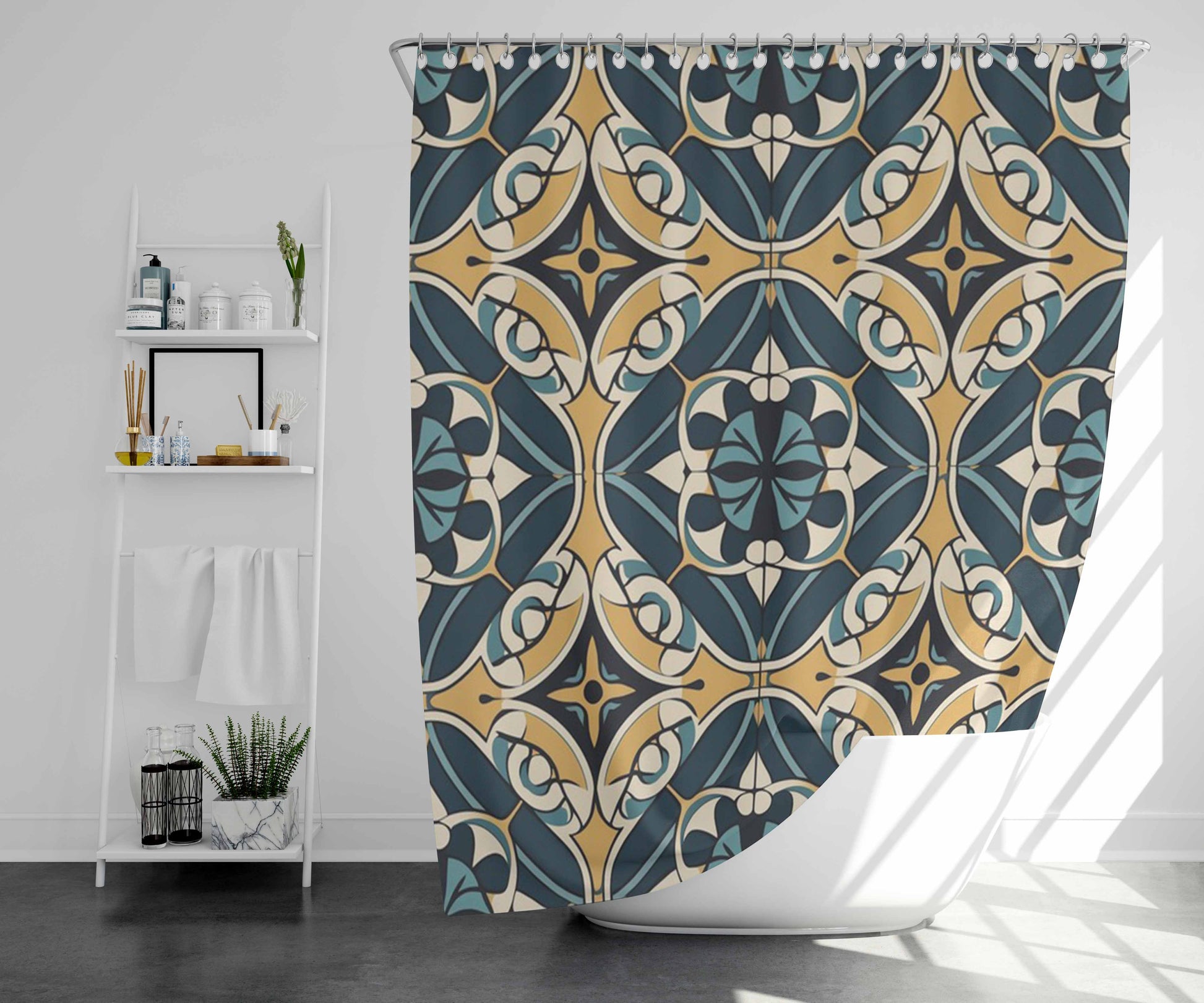 Seamless Pattern With A Floral Moti Bathroom Shower Curtain Fabric Waterproof | 66 X 72 Inch