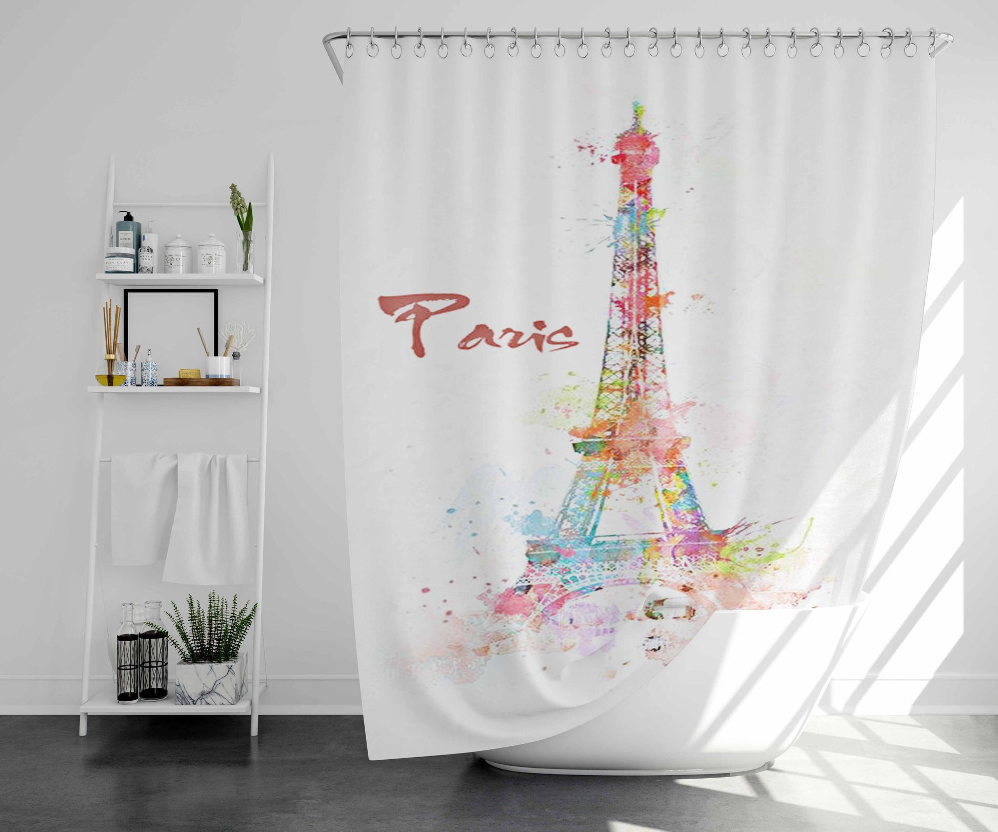 Simple Paris Design Bathroom Shower Curtain Fabric Waterproof | 66 X 72 Inch