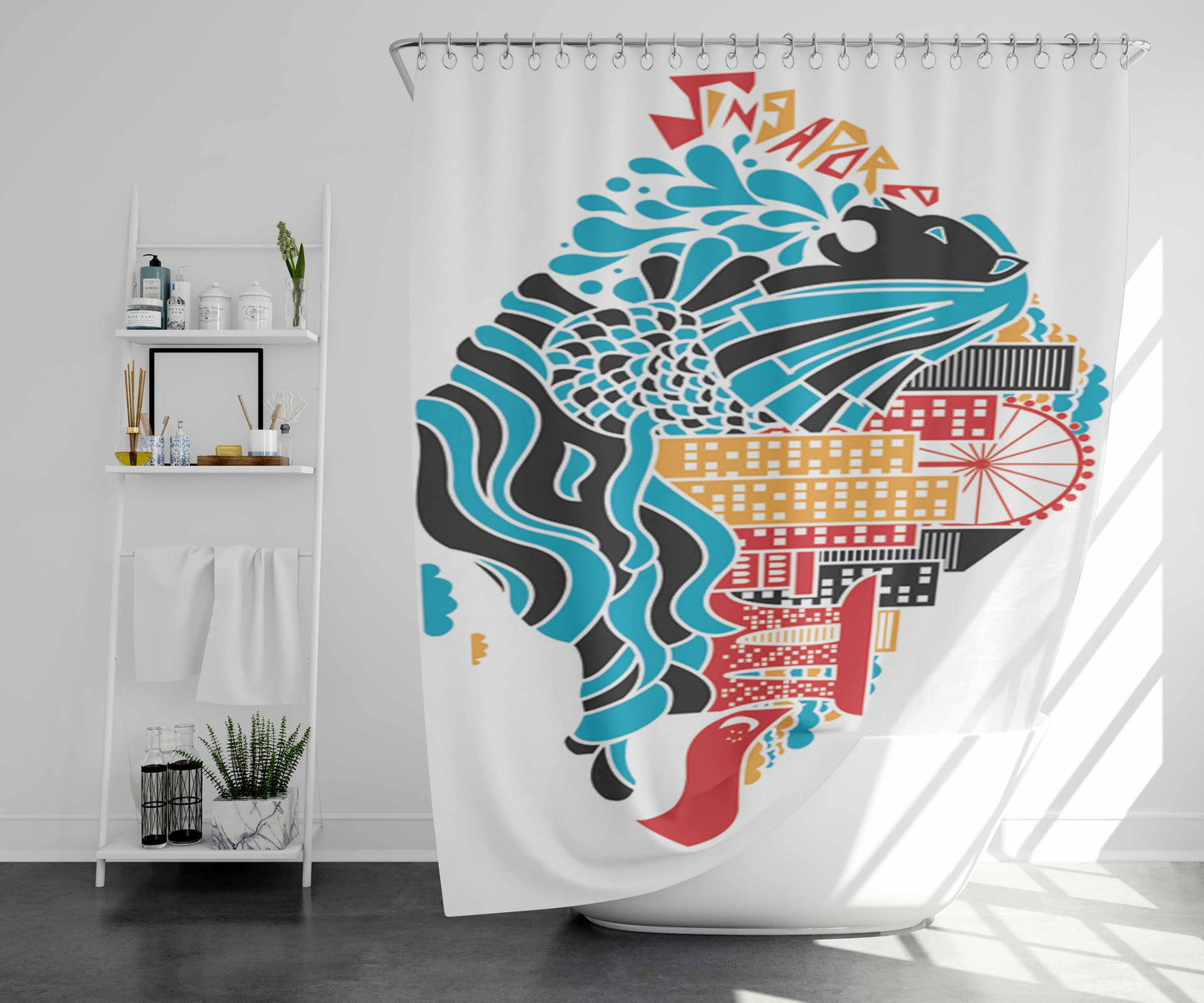 Singapore Art Cover Bathroom Shower Curtain Fabric Waterproof | 66 X 72 Inch