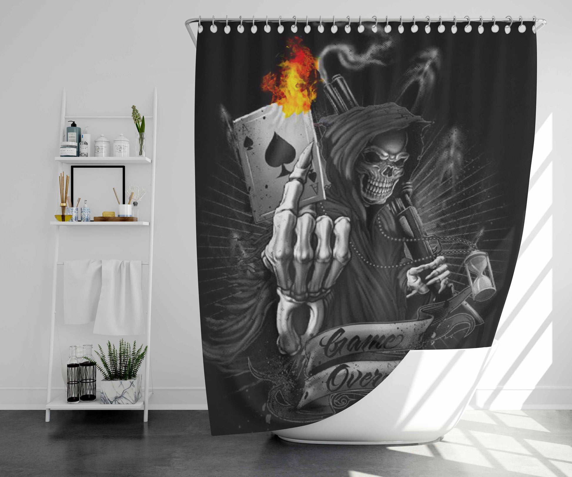 Skull Card Game Over Bathroom Shower Curtain Fabric Waterproof | 66 X 72 Inch