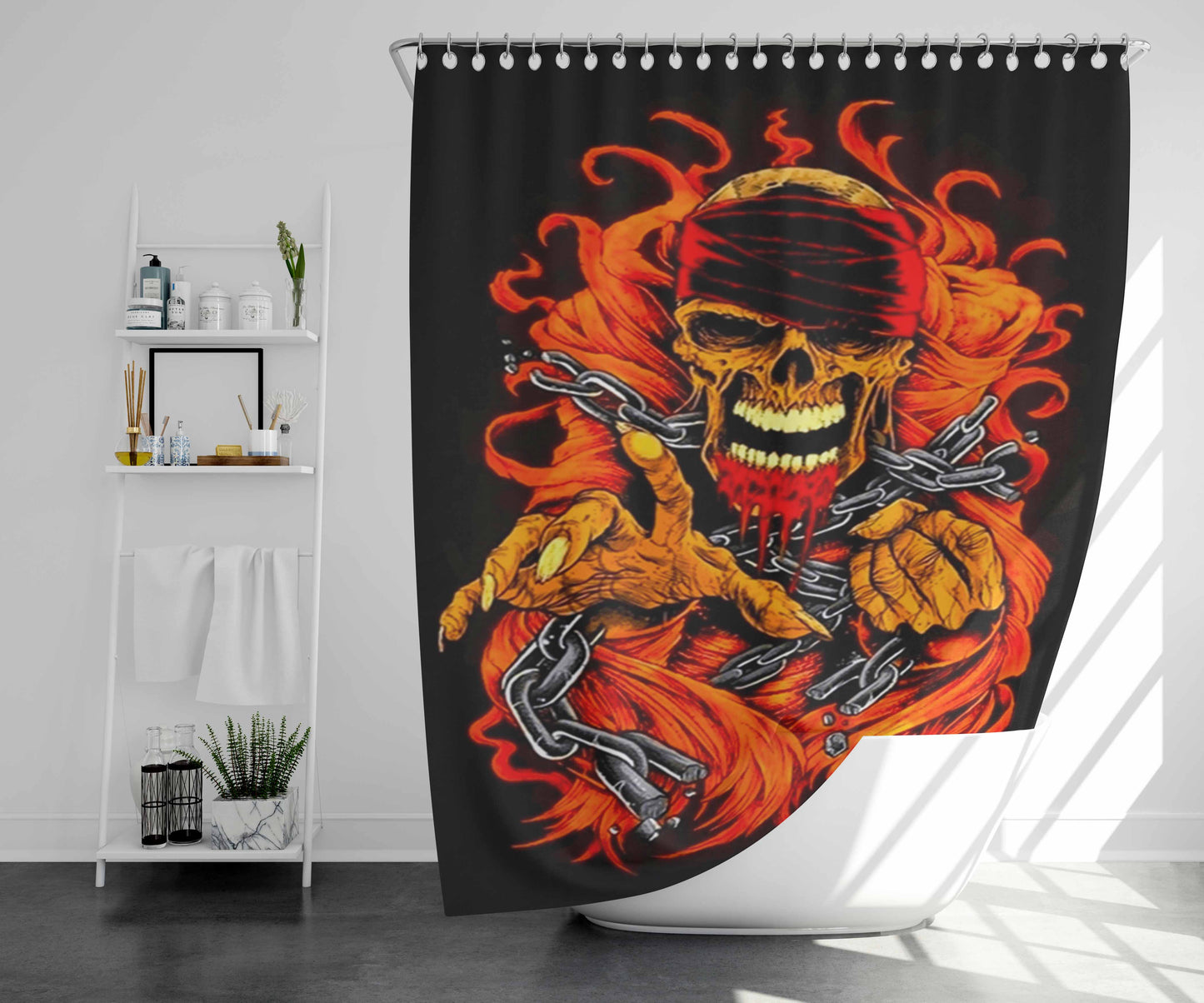 Skull Chain Fire Bathroom Shower Curtain Fabric Waterproof | 66 X 72 Inch