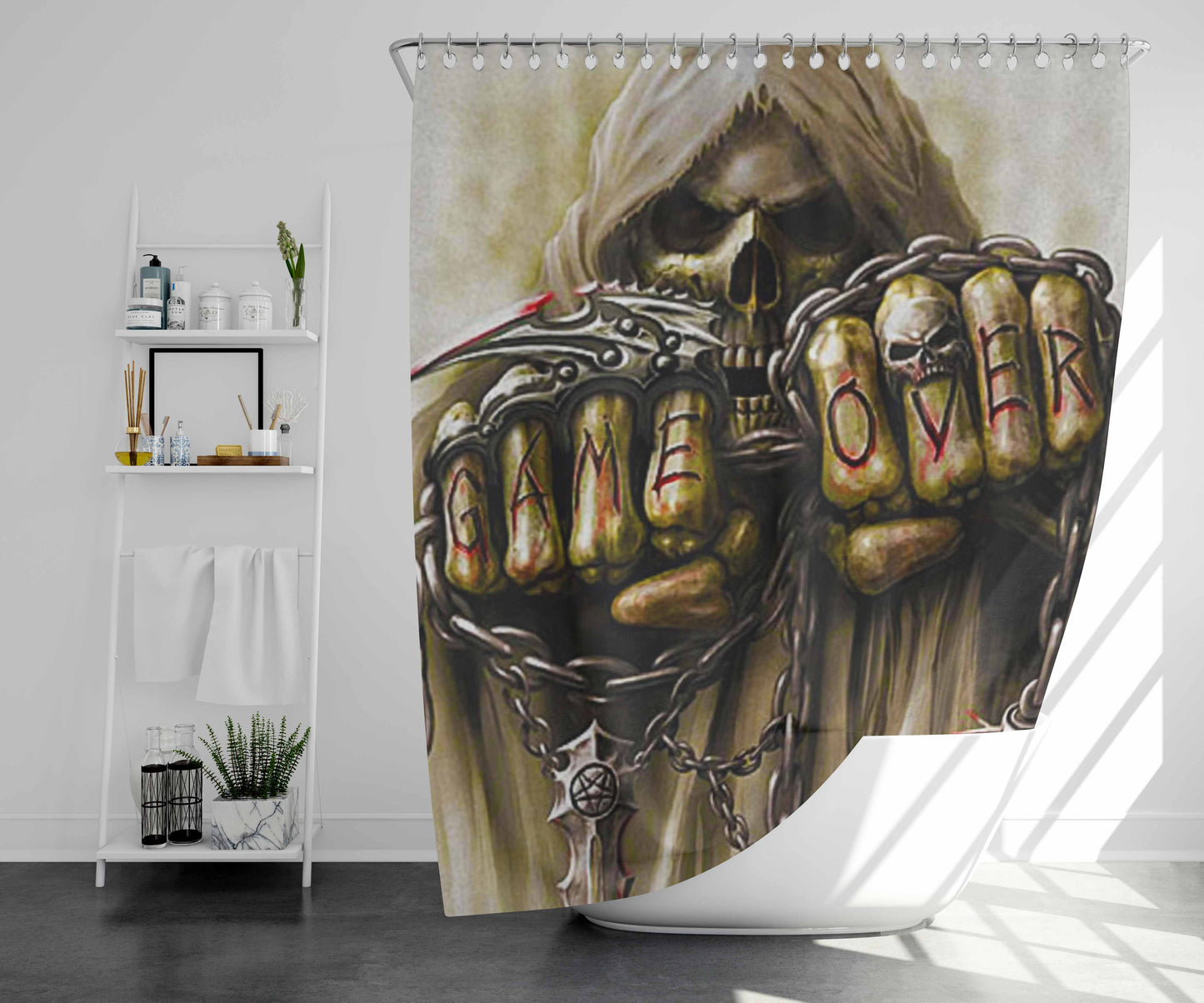Skull Game Over Bathroom Shower Curtain Fabric Waterproof | 66 X 72 Inch