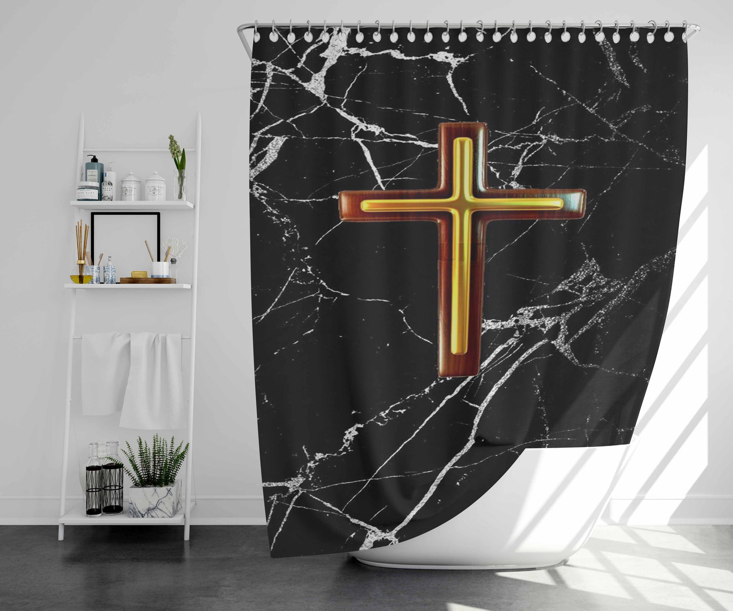 Small Gold Cross Marble Bathroom Shower Curtain Fabric Waterproof | 66 X 72 Inch