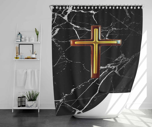 Small Gold Cross Marble Bathroom Shower Curtain Fabric Waterproof | 66 X 72 Inch