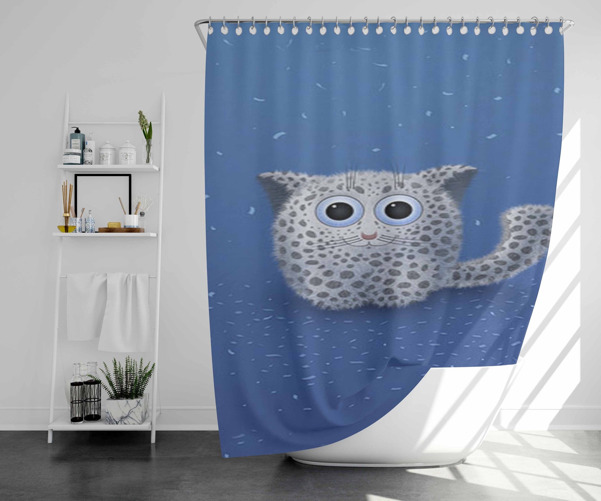 Snow Leopard Toon Bathroom Shower Curtain Fabric Waterproof | 66 X 72 Inch