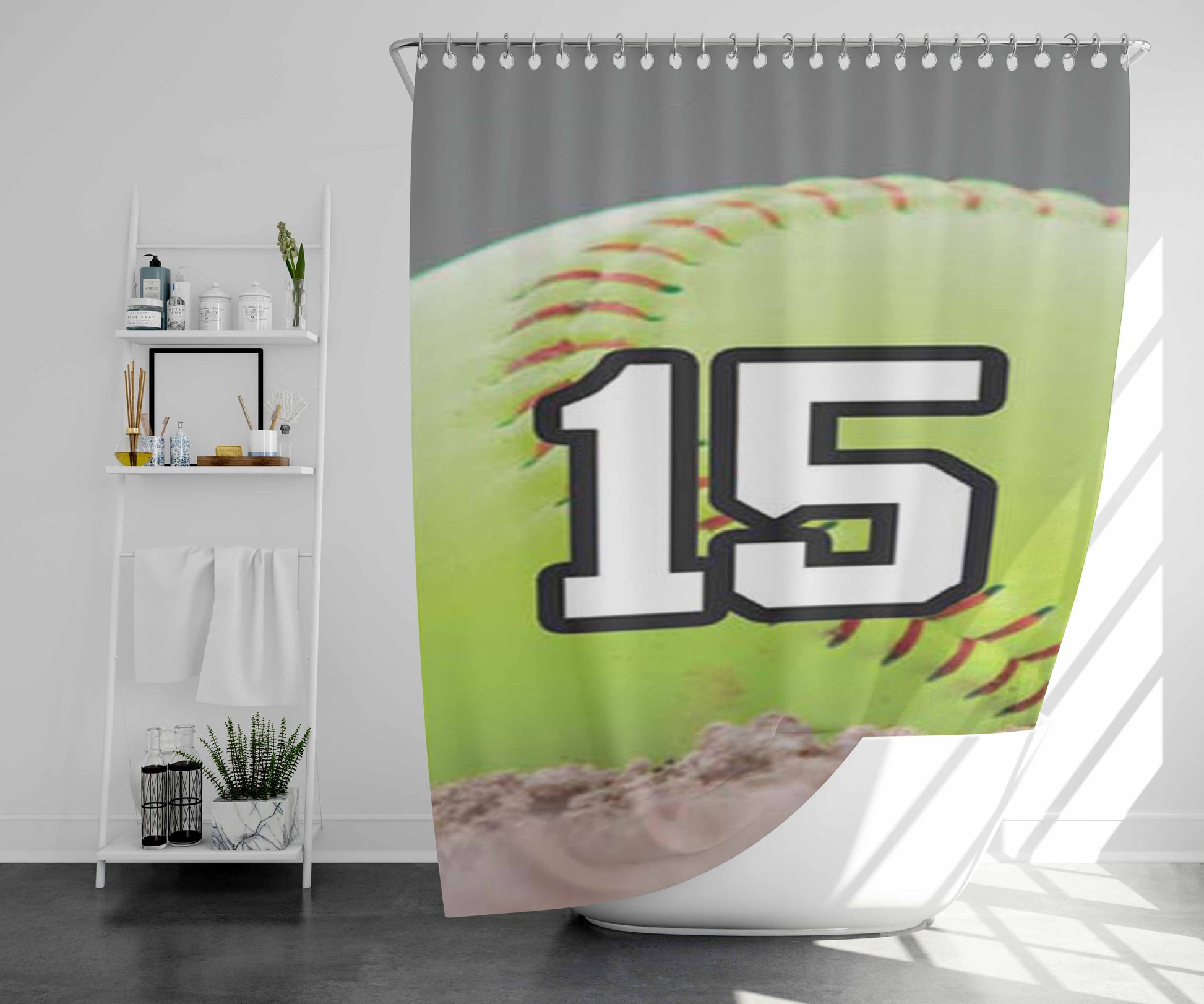 Softball Number 15 Bathroom Shower Curtain Fabric Waterproof | 66 X 72 Inch