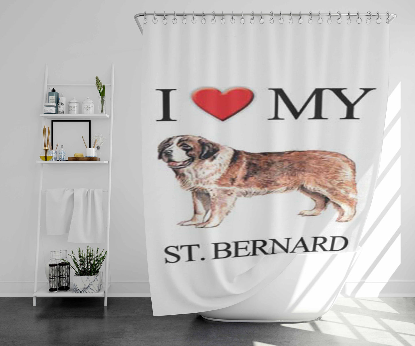 St Bernard I Heart Bathroom Shower Curtain Fabric Waterproof | 66 X 72 Inch