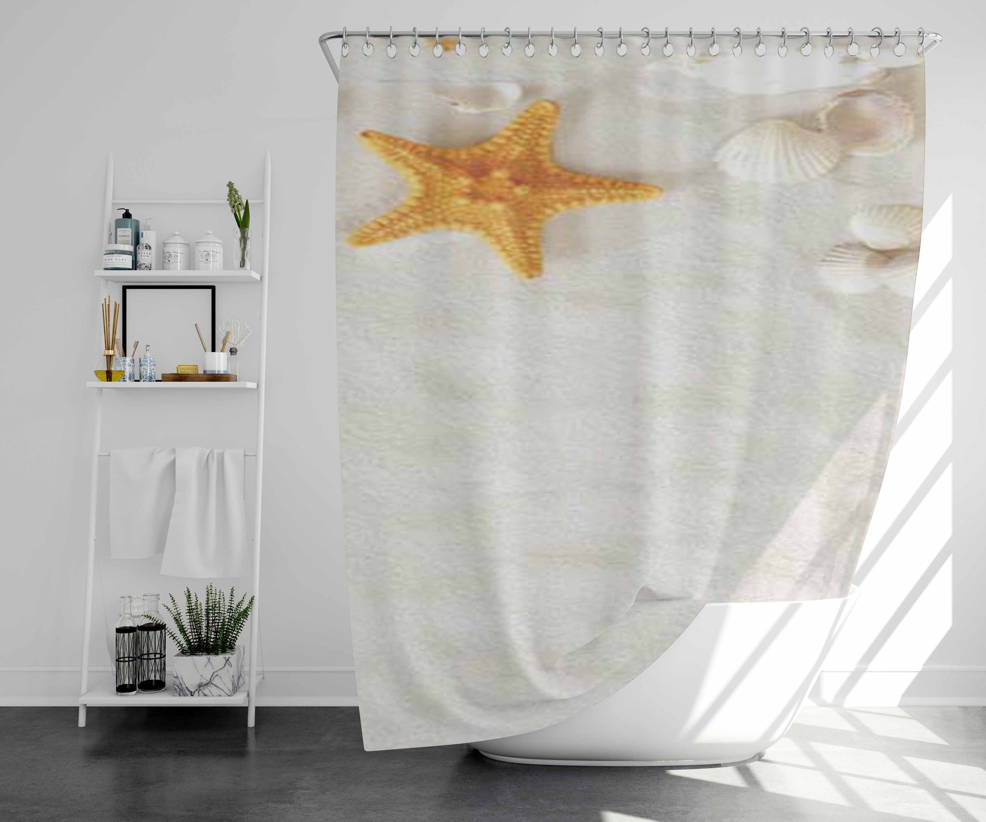Starfish Wht Sand Bathroom Shower Curtain Fabric Waterproof | 66 X 72 Inch