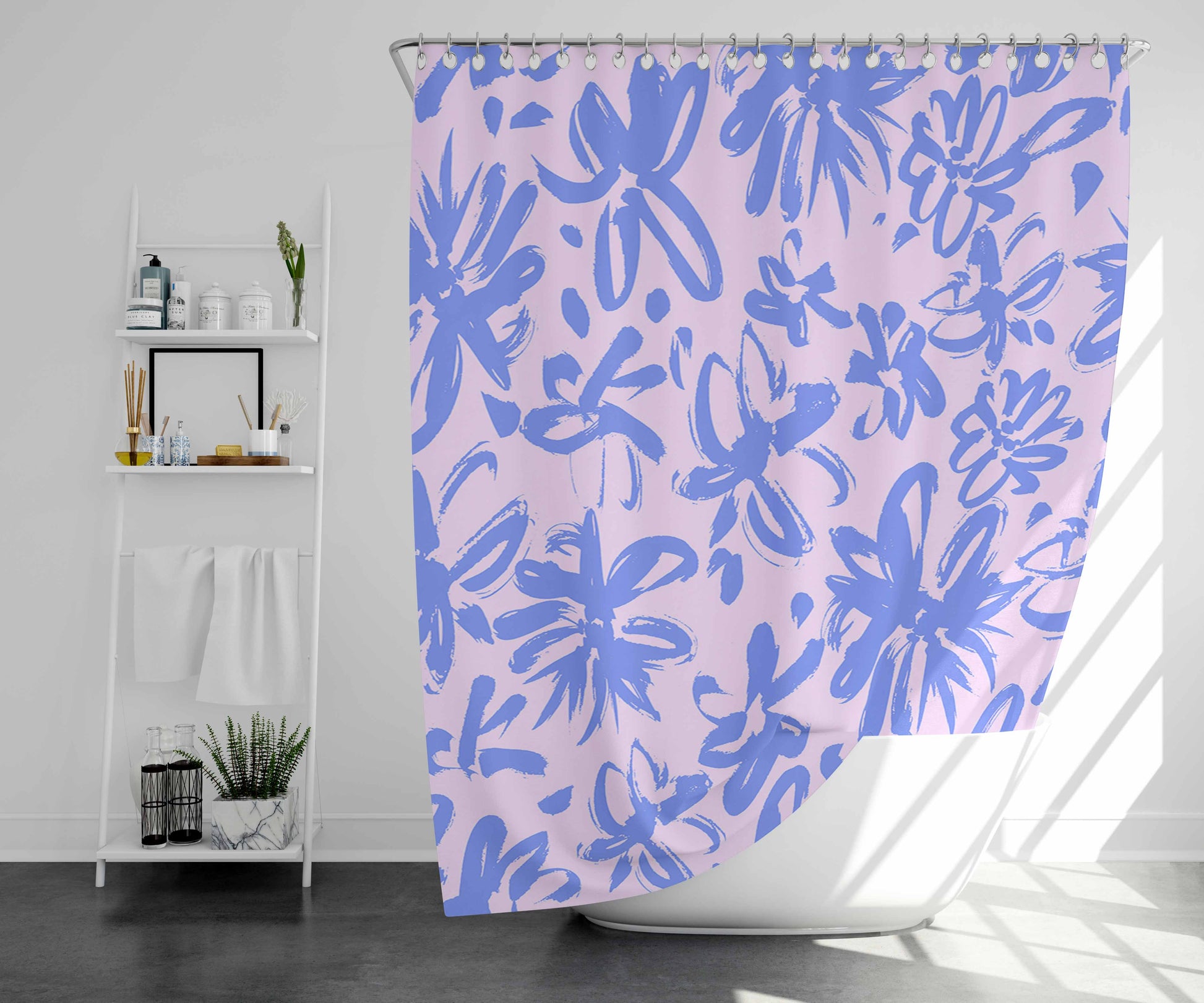 Subtle Painted Flower Bathroom Shower Curtain Fabric Waterproof | 66 X 72 Inch