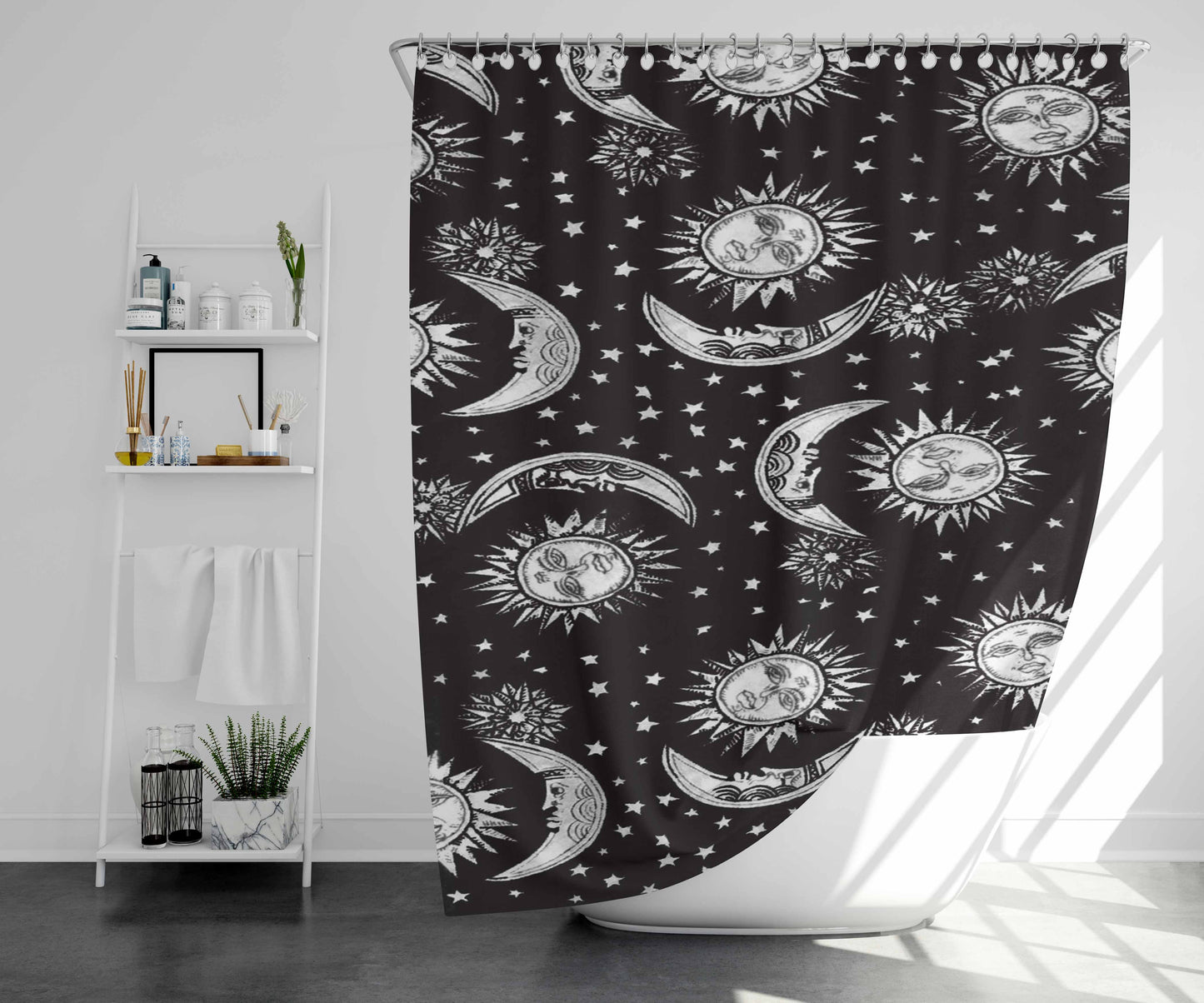 Sun And Moon Black White Pattern Bathroom Shower Curtain Fabric Waterproof | 66 X 72 Inch