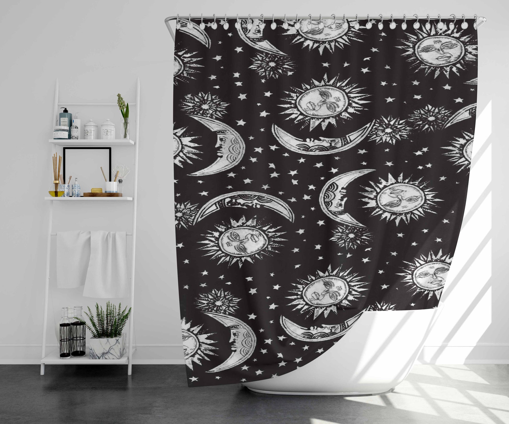 Sun And Moon Black White Pattern Bathroom Shower Curtain Fabric Waterproof | 66 X 72 Inch