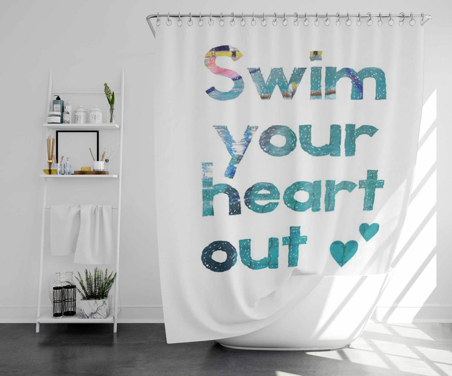 Swim Your Heart Out Bathroom Shower Curtain Fabric Waterproof | 66 X 72 Inch