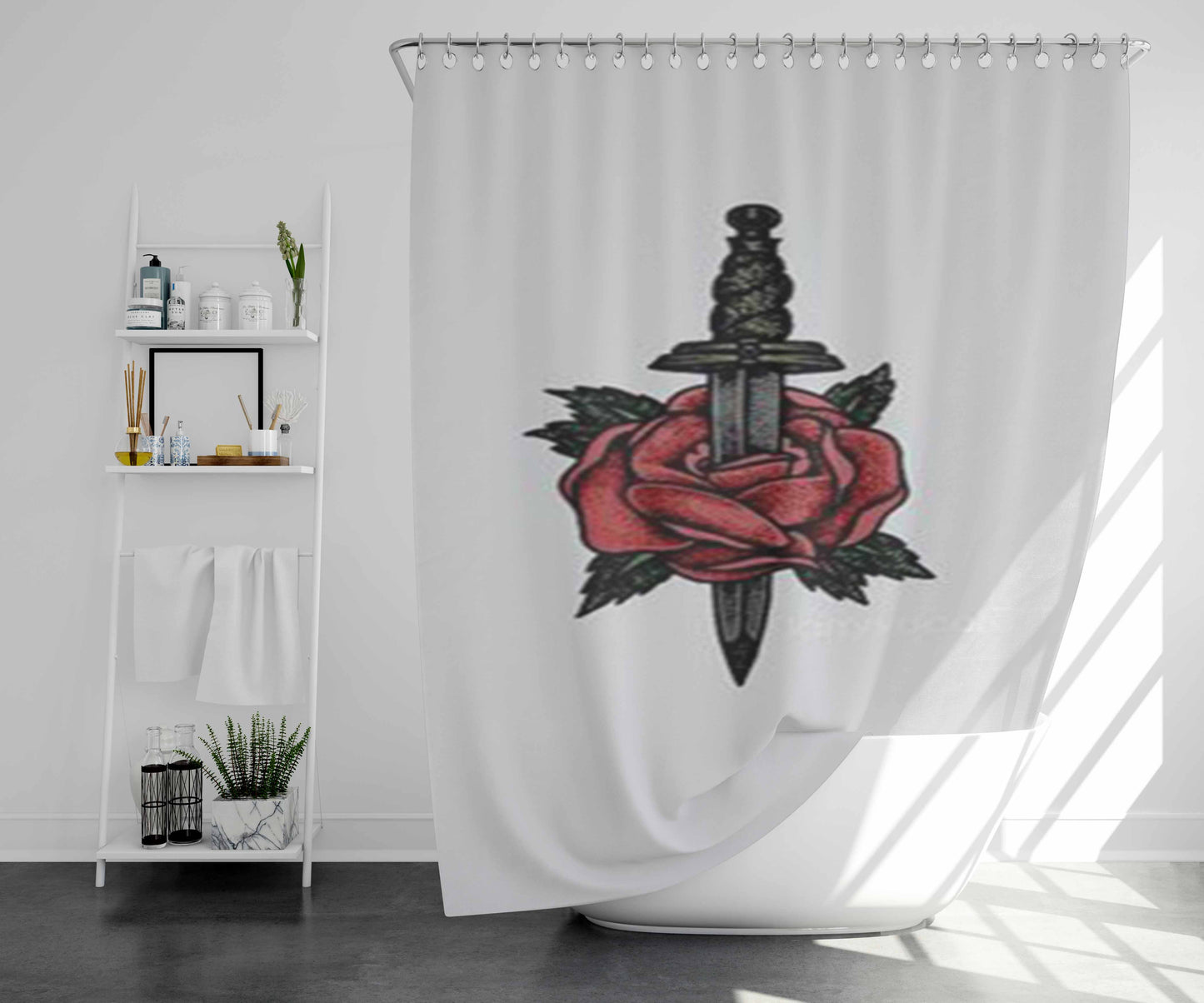 Sword Rose Tatto Bathroom Shower Curtain Fabric Waterproof | 66 X 72 Inch