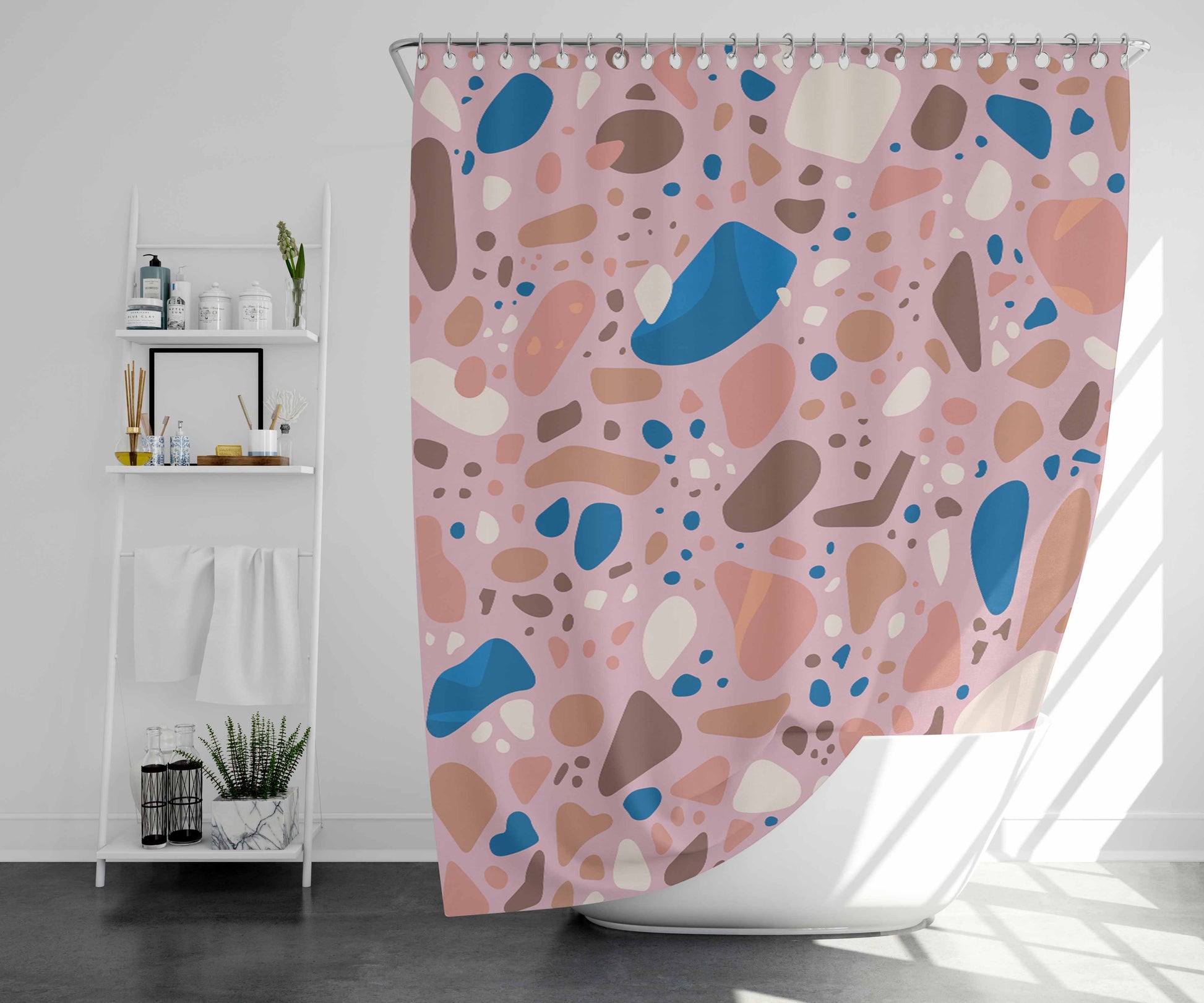 Terrazzo Tile Blu Bathroom Shower Curtain Fabric Waterproof | 66 X 72 Inch