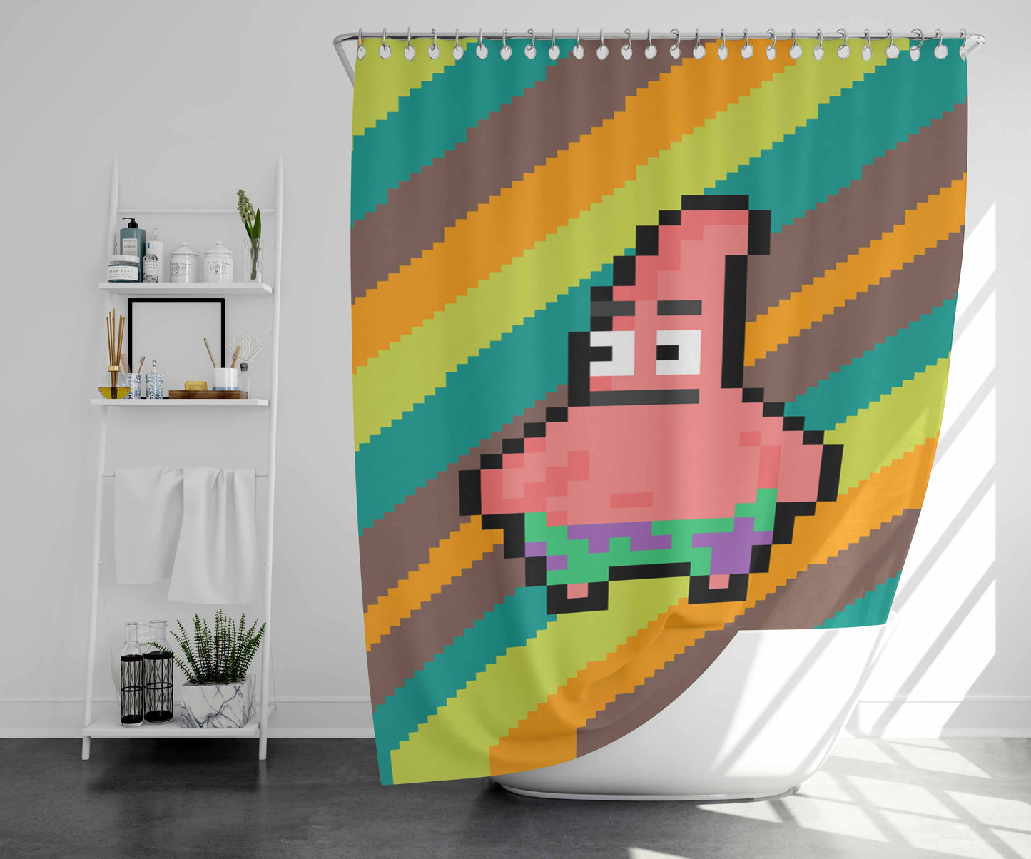 Trippy Patrick Pixel Bathroom Shower Curtain Fabric Waterproof | 66 X 72 Inch